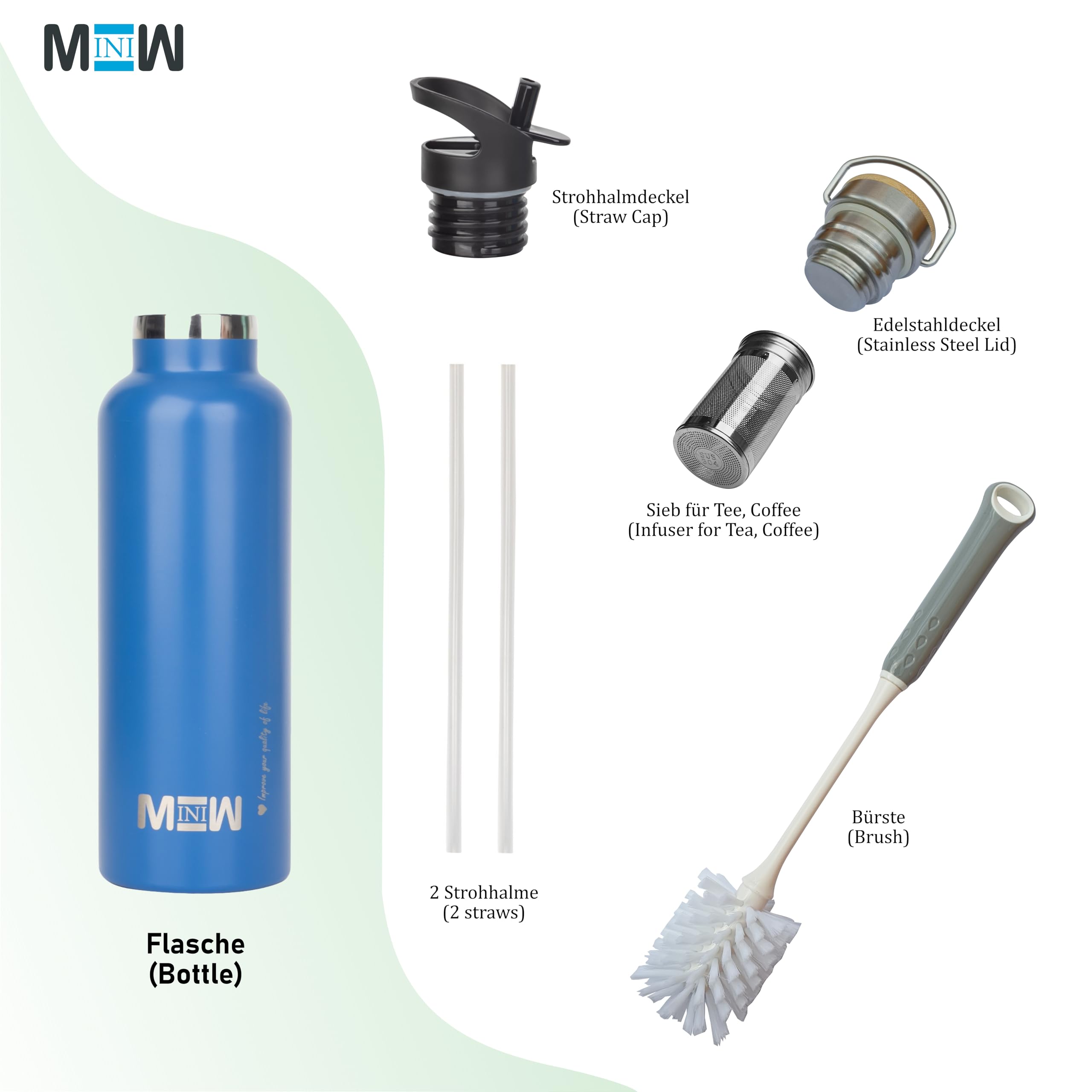 MINIW Stainless Steel Water Bottle, Blue, 500 ml - Image 2