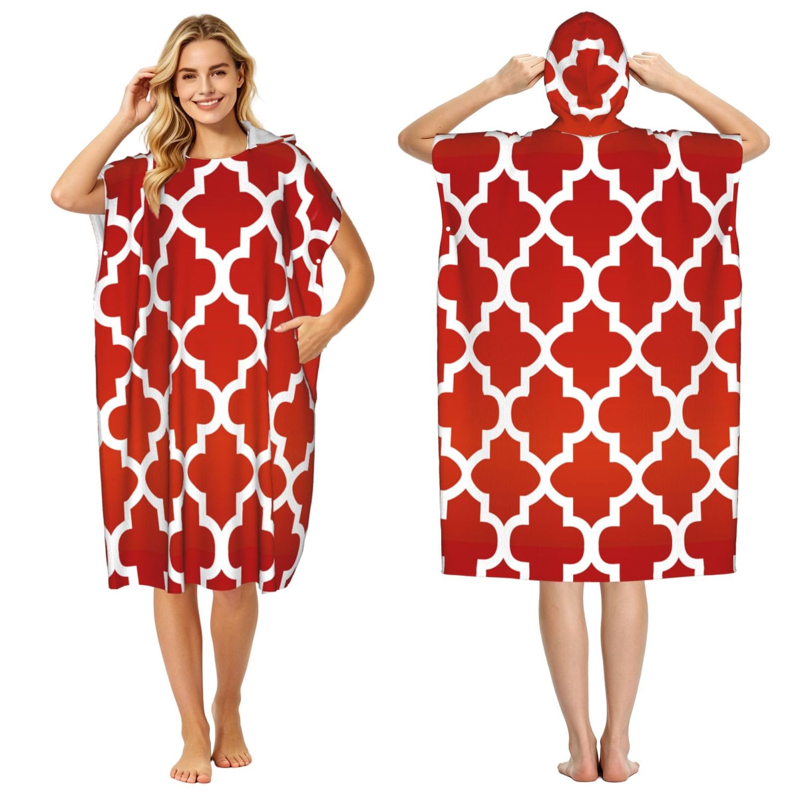 Poadnly Deep Red And White Quatrefoil, Adult Hooded Beach Towel 90 x 110 cm,Changing Bath Robe, Surf Poncho Towel For Women Men
