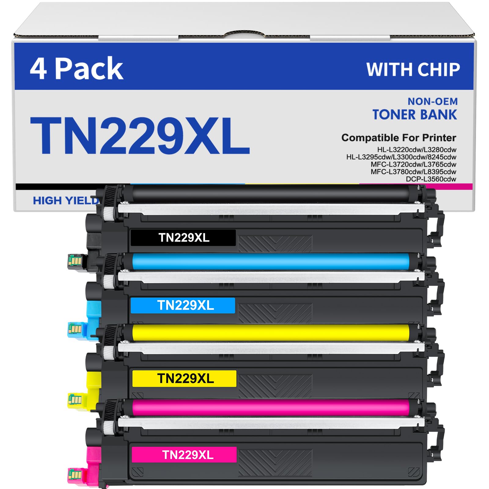 TN229XL TN229 Toner Cartridges 4 Pack MFC-L3780CDW MFC-L3720CDW Compatible for Brother TN229 TN229XL HL-L3280CDW HL-L3220CDW HL-L3300CDW HL-L3295CDW Printer TN 229XL TN-229XLBK/C/M/Y High Yield
