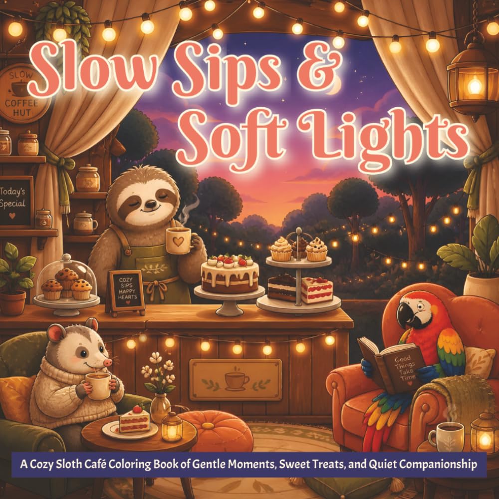 Slow Sips & Soft Lights: A Cozy Sloth Café Coloring Book of Gentle Moments, Sweet Treats, and Quiet Companionship