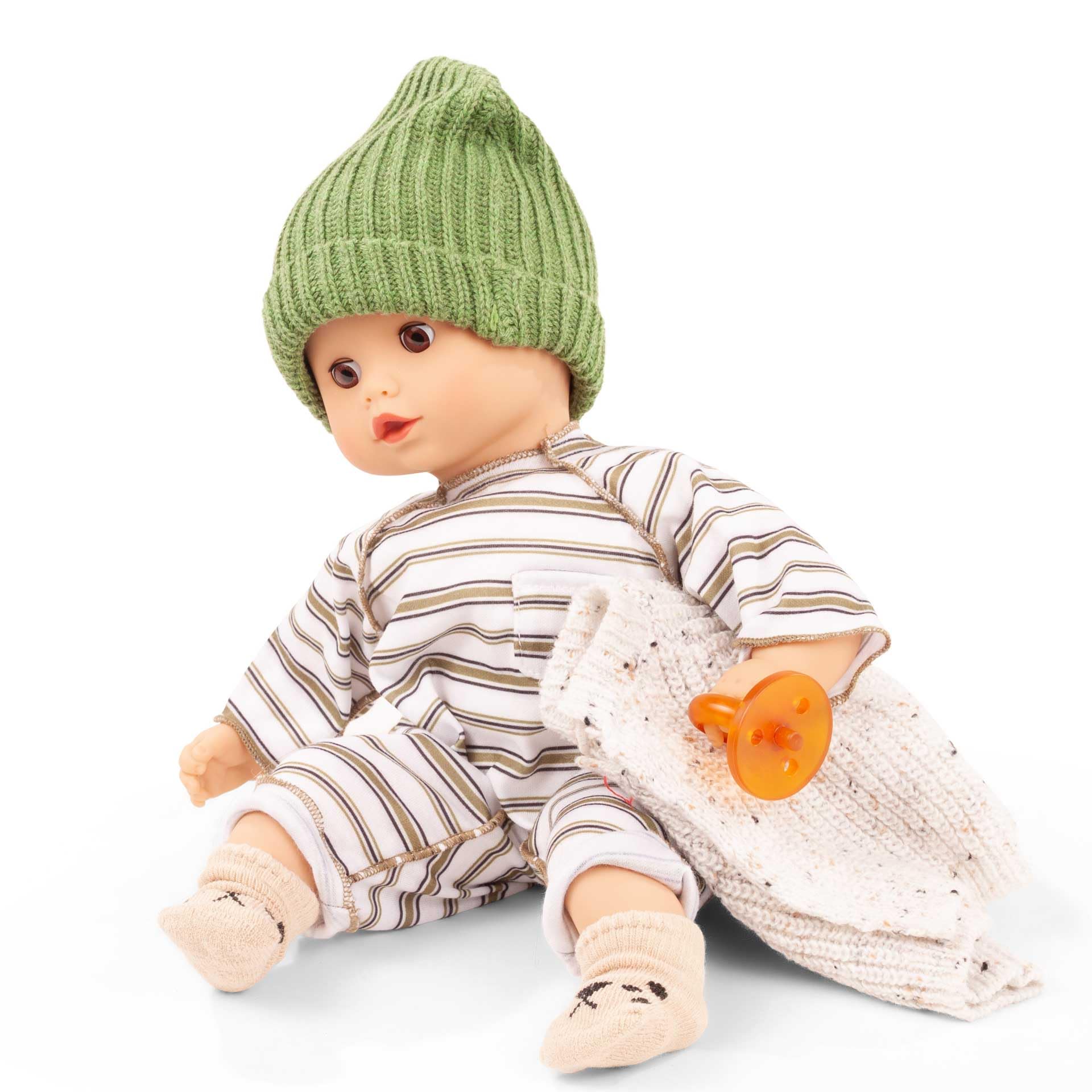 Götz 2420562 Muffin Baby Urban Stripes Puppe 33 cm Babypuppe | braune Schlafaugen, 7-tlg, ohne Haare, Weichkörper, für Kinder ab 18 Monaten, waschbar, mit Schnuller, Strickjacke und Mütze