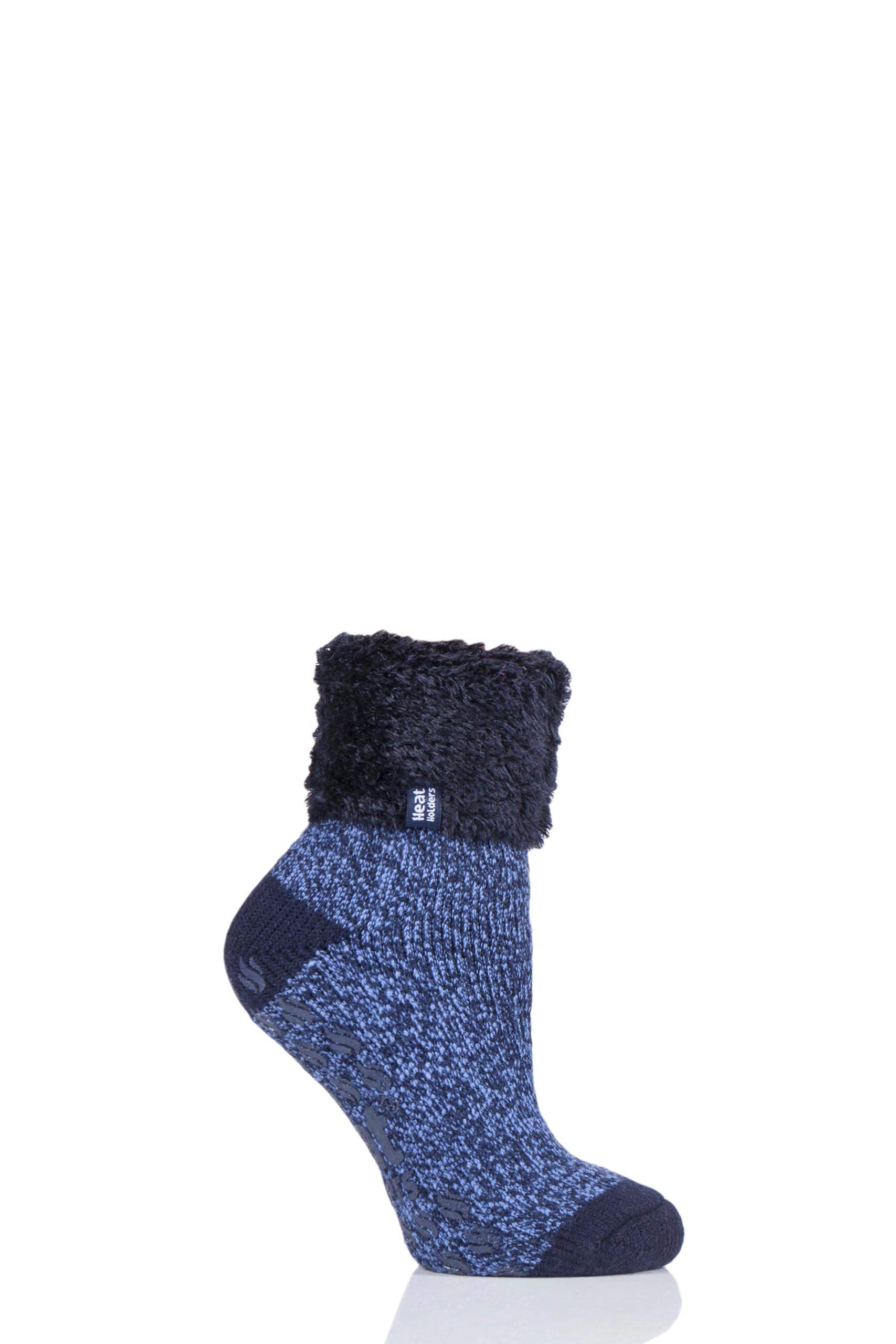 HEAT HOLDERS Ladies Lounge Feather Turn Over Cuff Slipper Socks Pack of 1 Navy 4-8