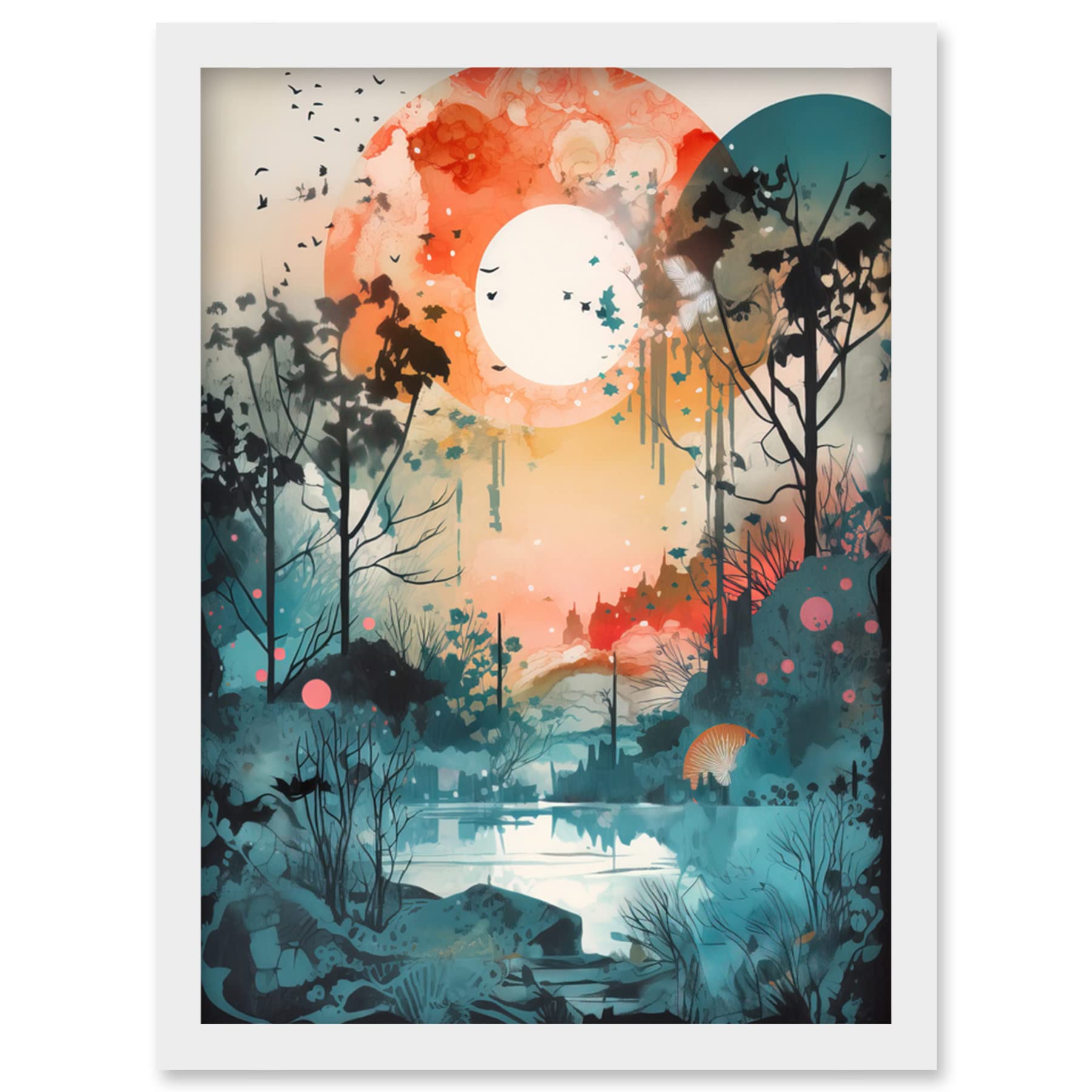 Watercolour Painting Framed Print - Lakeside Forest Peaceful Sunrise Morning - Modern Wall Art A4