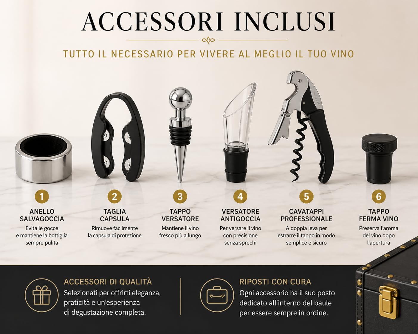 Set Degustazione Vino Regalo con Baule Rigido in Pelle e Accessori – Prosecco Extra Brut DOCG & El Vin del Nono – Confezione Elegante Riutilizzabile – Al Canevon