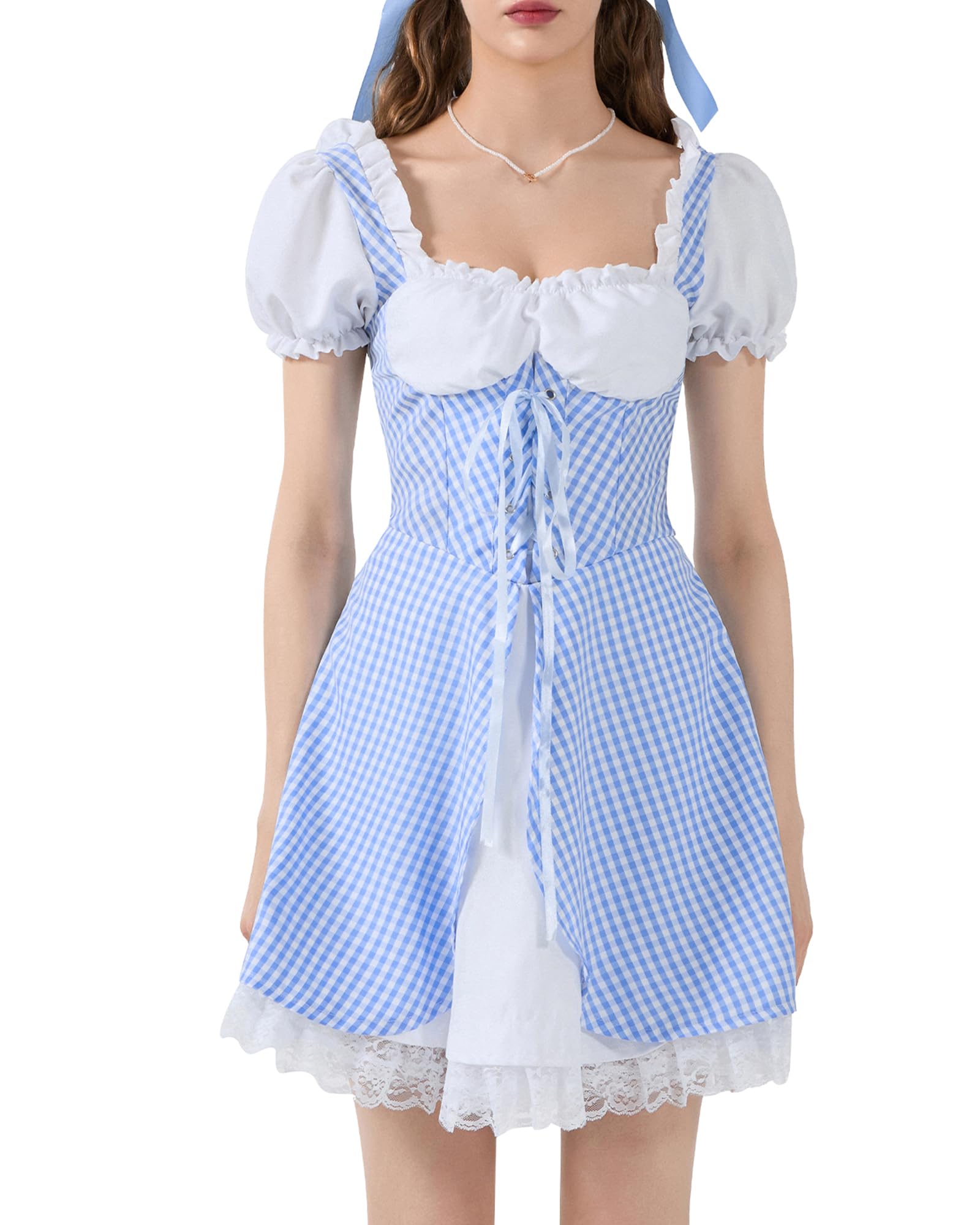 Feclmiyt Women Dorothy Costume Doll Collar Long Blue Gingham Dress Cosplay Costumes (A-01, XL)