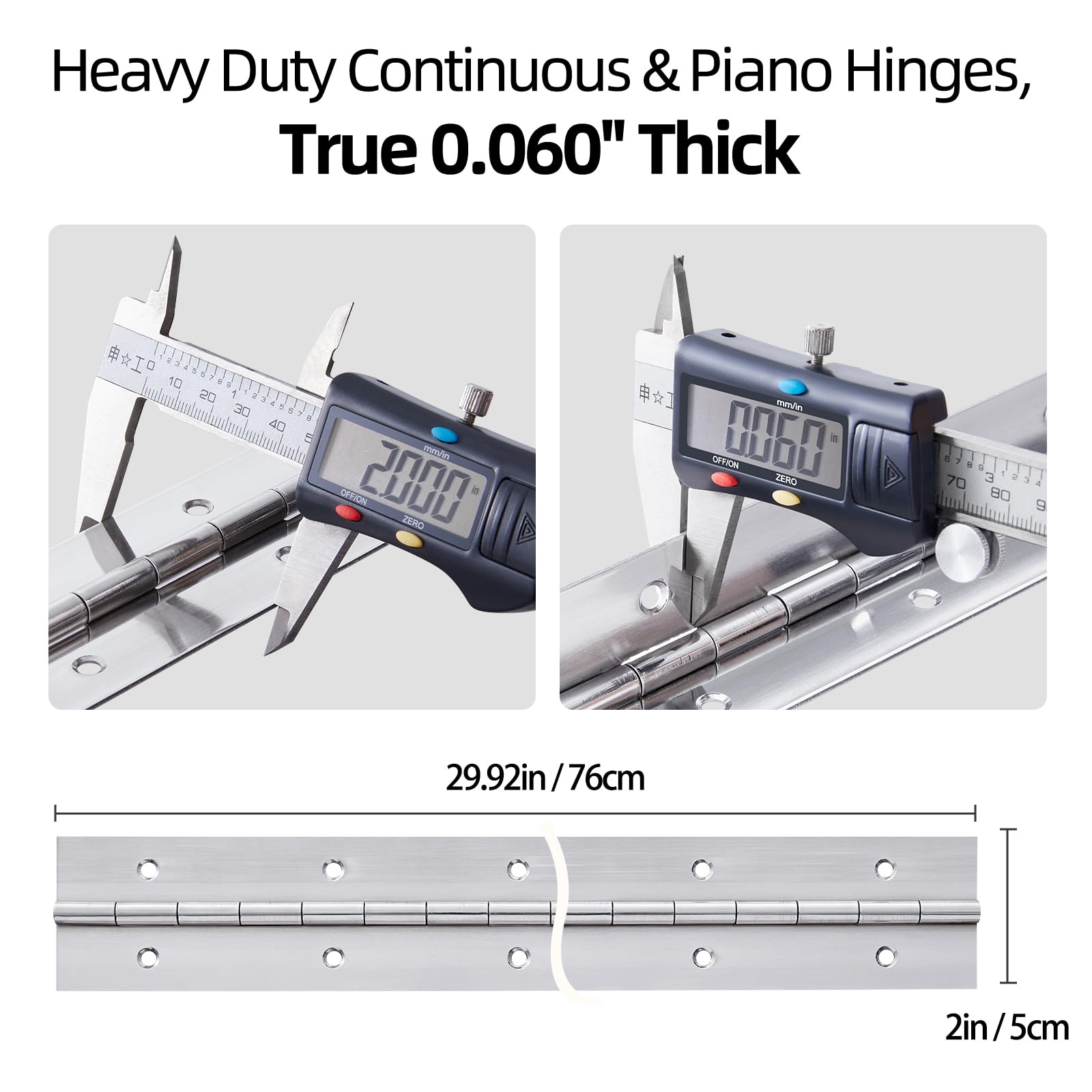 2 Pack Heavy Duty Piano Hinge 30 Inch x 2 Inch Stainless Steel Continuous & Piano Hinges with Holes, 30