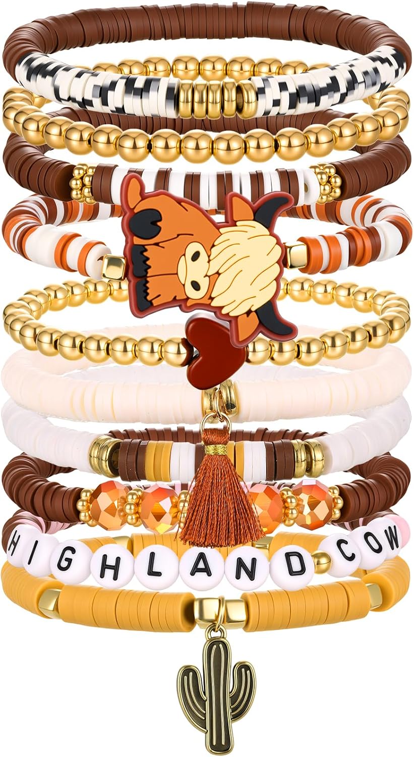 Leitee 10 Pcs Highland Cow Gifts for Women Heishi Surfer Bracelet Polymer Clay Stretch Bracelets Jewelry Party Favor Supplies