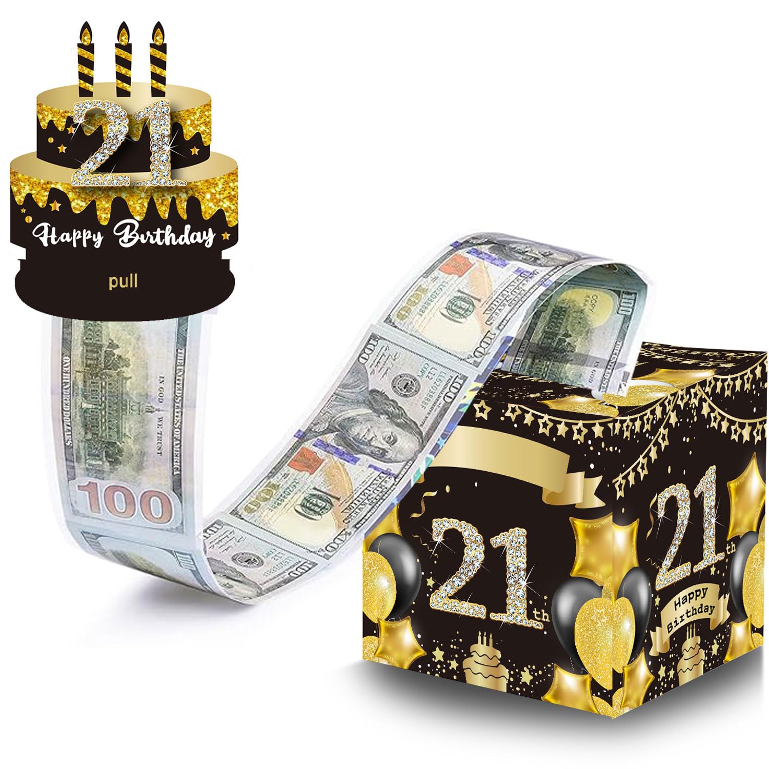 JESTAR 21st Birthday Money Pull Box, 35pcs Transparent Bags, DIY Money Roll Gifts, Fun Cash Gift for Him Her, 4.7" x 4.7" x 4.7"