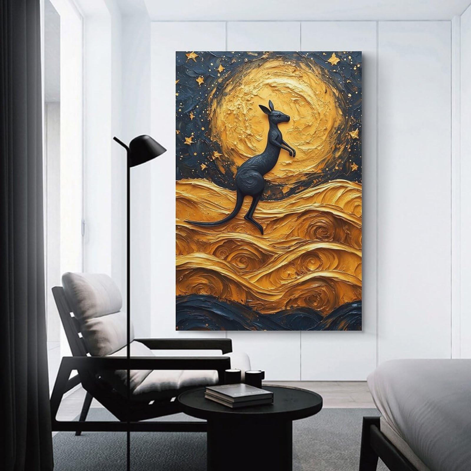 Junmoney Unframe-Style-20 Kangaroo Under A Golden Moon Painting Wall Picture Print, 20X30inch(50X75cm), For Workspace Walls, Study Corners Or Bedrooms, Wall Art That Adds Style To Work Areas