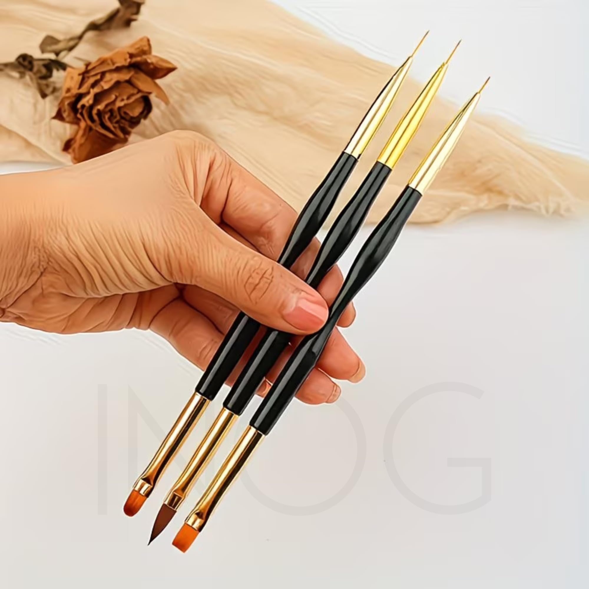 INOG 3Pcs Nail Drawing Pen, Dual End Nail Art Pen Brush Acrylic Round Flat Painting Drawing Liner Nail Tools 2