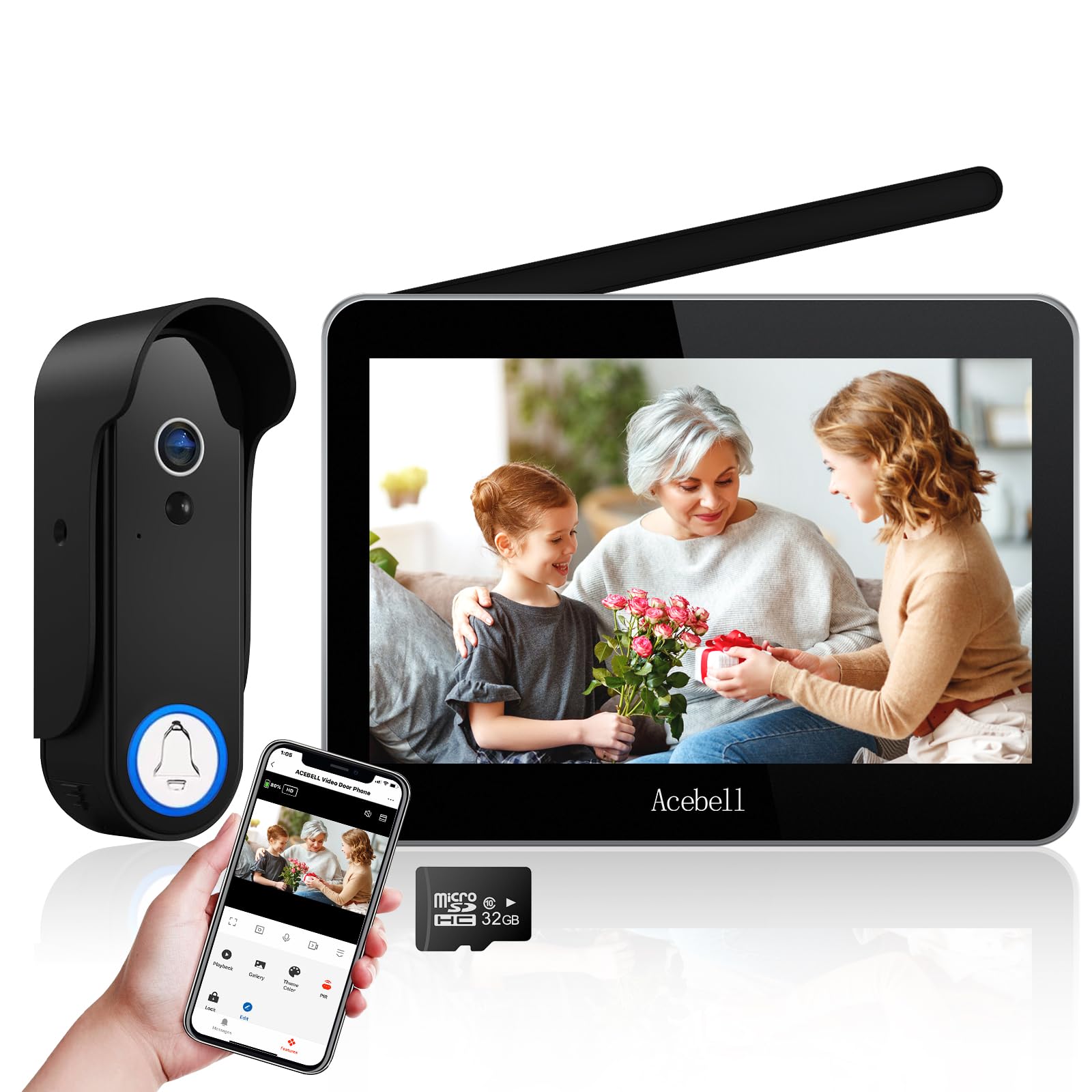 ACEBELL 1080P WiFi Wireless Video Doorphone, 7 Inch Touch Screen, Waterproof Doorbell Camera with Rechargeable Battery, Night Vision, PIR Motion Detection, APP Control