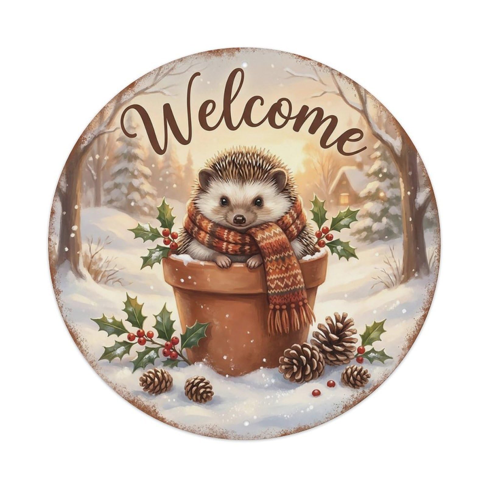 Welcome Hedgehog Winter Scarf Vintage Metal Tin Sign Plaque Wall Decor for Cafe, Club Bar, Office, Garden Metal Poster 8x8Inch