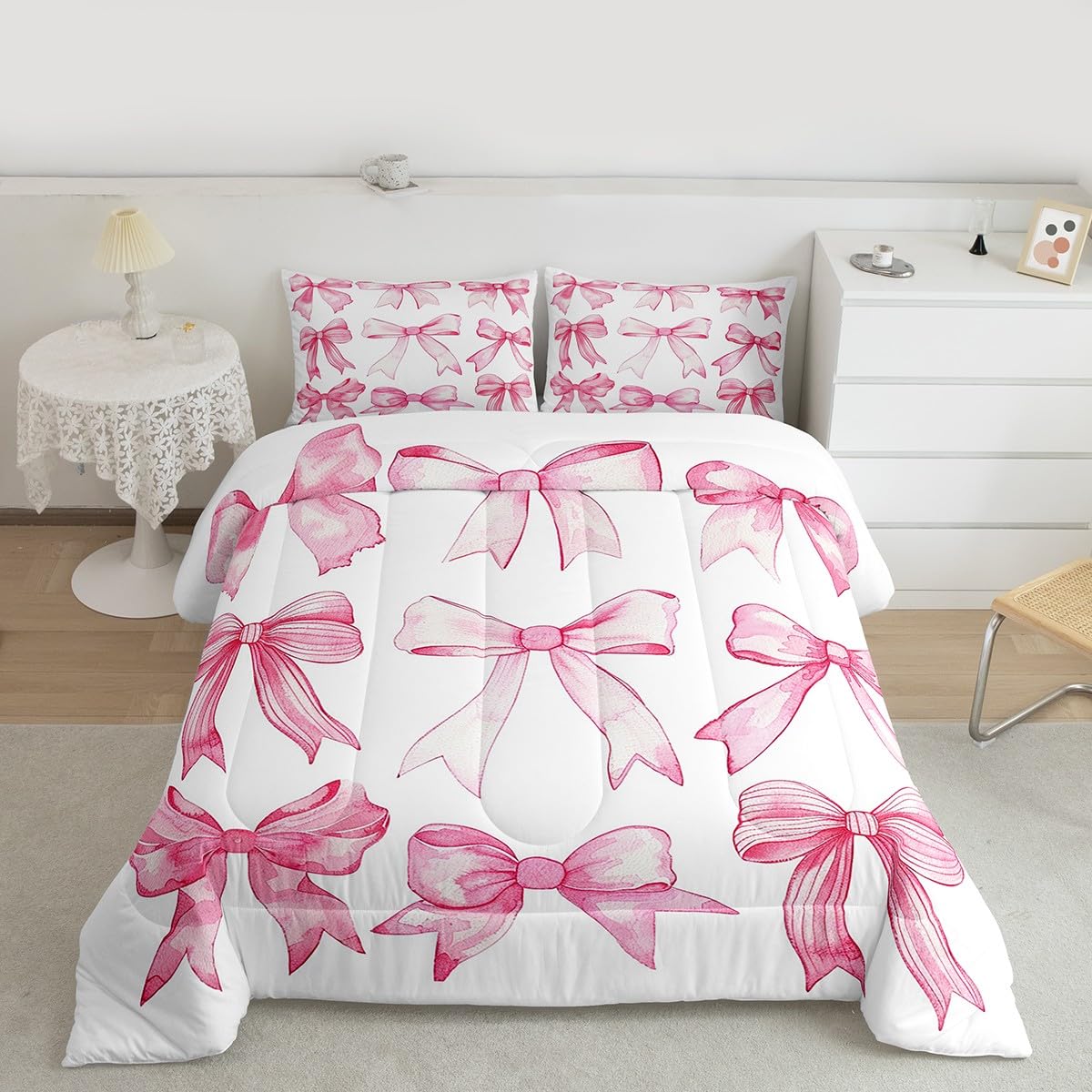 Homewish Kawaii uroczy zestaw pojedynczej kołdry z kokardą – dla dzieci nastolatków dorosłych, zestaw pościeli w stylu księżniczki, obraz olejny, kokarda, zestaw kołdry, nowoczesna estetyczna kołdra