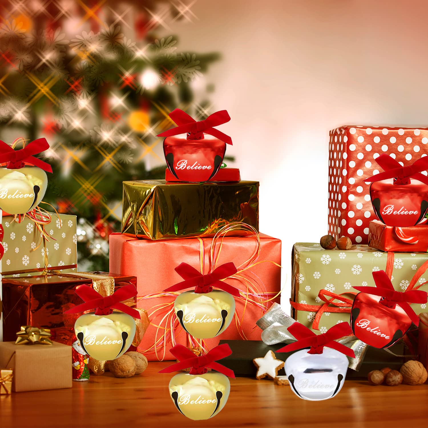 32 pezzi 3,6 pollici Believe Bells, campanelle per albero di Natale, campane Polar Express per fai da te, vacanze, artigianato, casa, decorazioni per matrimoni (oro+argento)