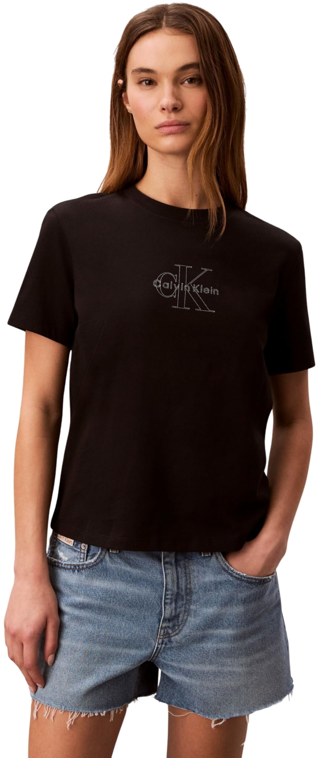 Calvin Klein Women's Ss Clasic Monologo Tee LV047F831G Graphic Tees, Black, L