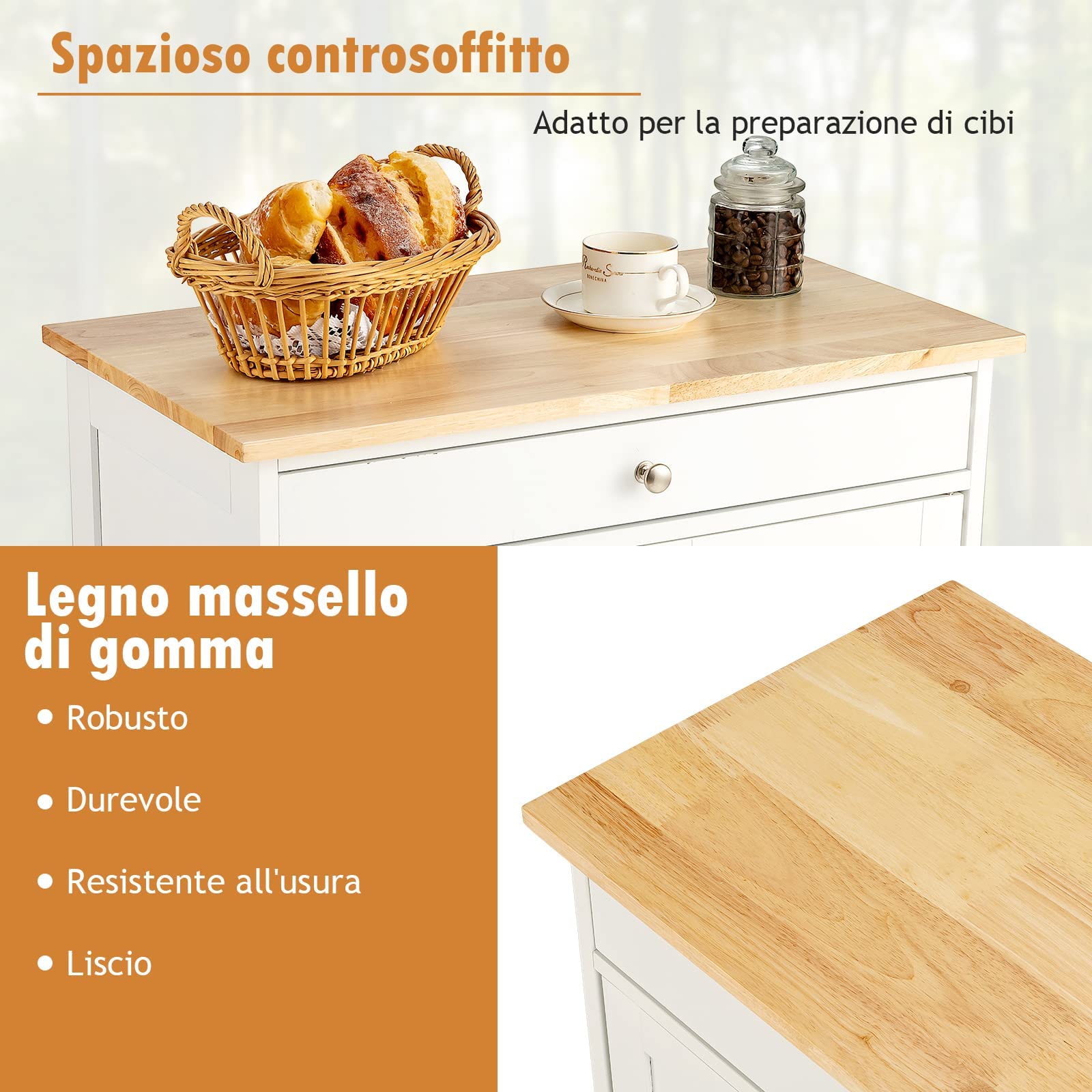 GYMAX Carrello da Cucina, Carrello Portavivande, Credenza da Cucina con Ruote, Cassetti e Portabottiglie, Carrello di Servizio con 3 Ripiani, Carrellino Salvaspazio e Multiuso, in Legno (Bianco)