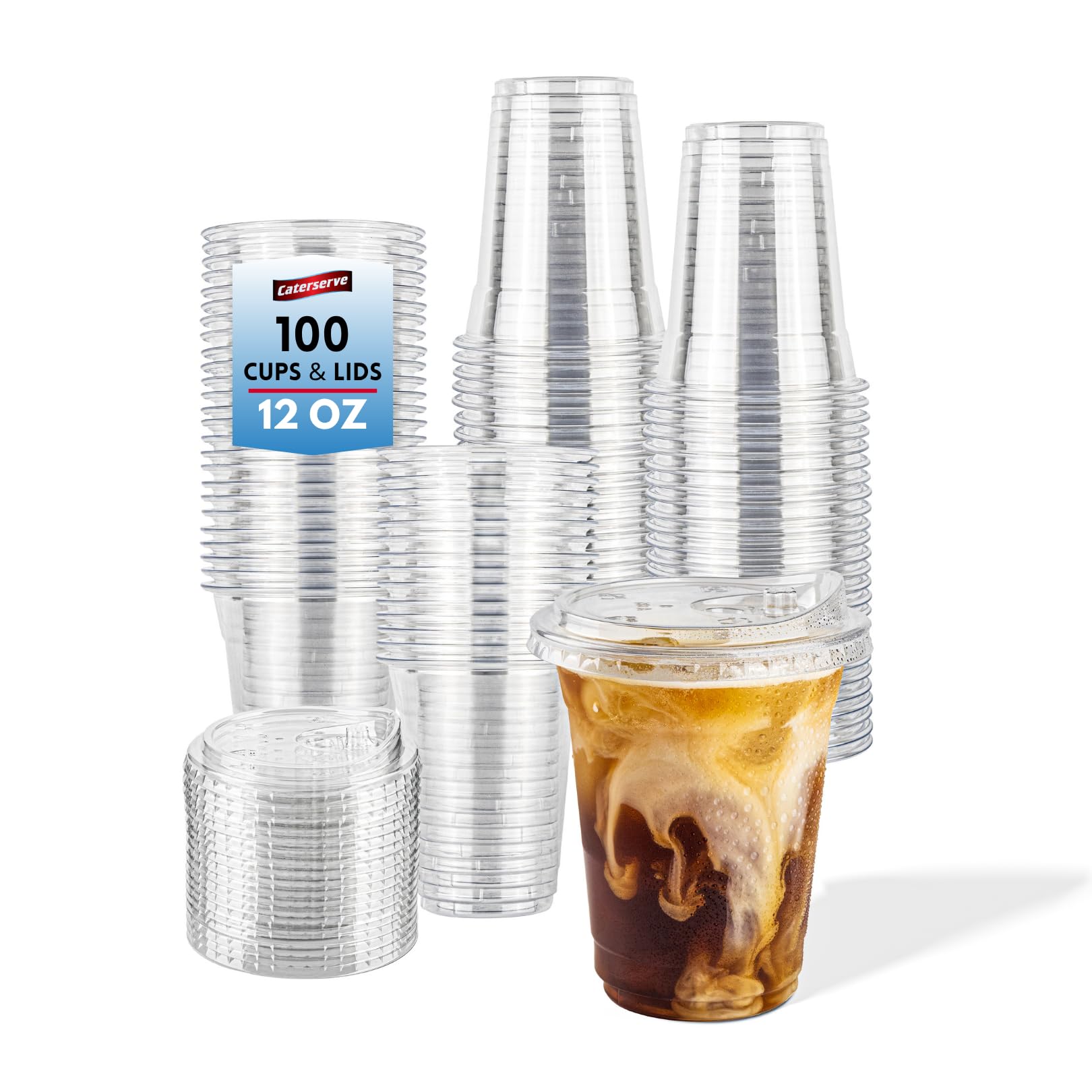 Caterserve 100 Clear 12oz Cups with Sip Through Lids β Great for Smoothies,Iced Drinks,slushies at Cafes, Restaurants, Events, and Takeaway Service