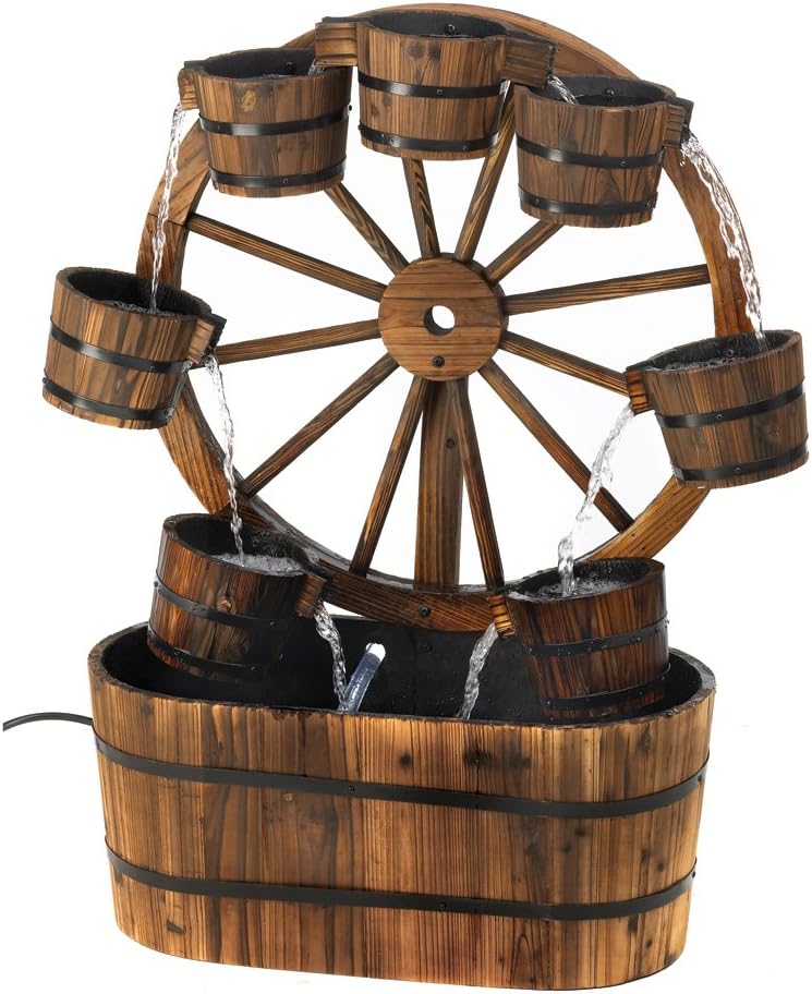 Casual All-Wood Old-Fashioned Wagon Wheel Outdoor Yard Garden Decor Water Pump Cascading Fountain