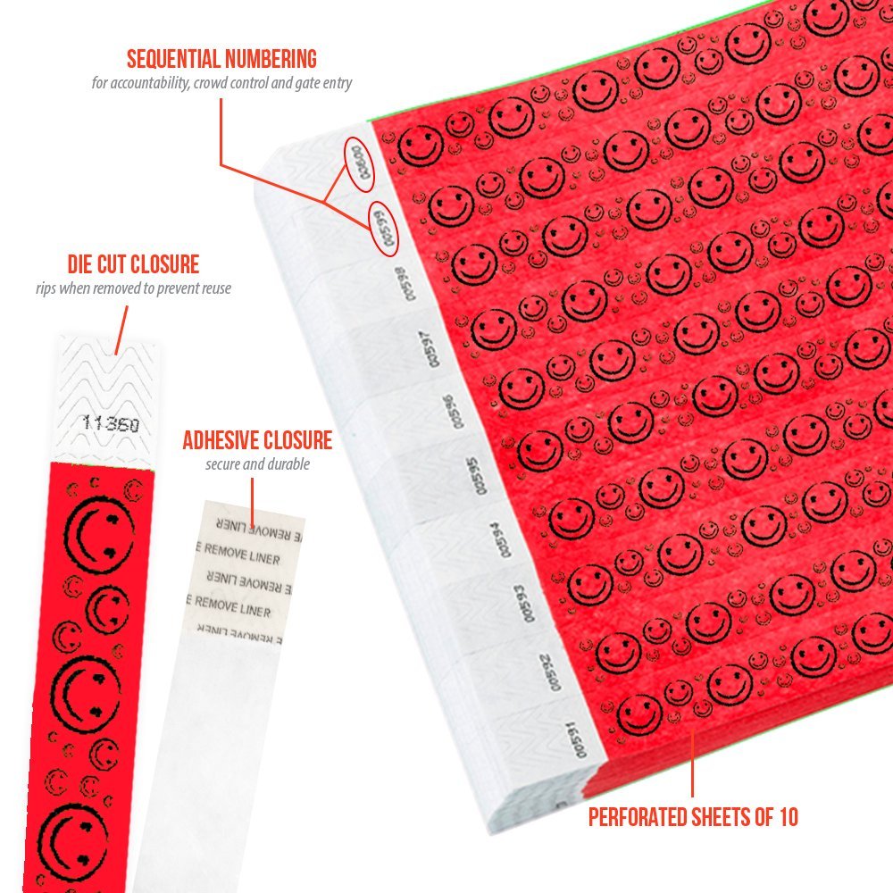 WristCo Neonowa czerwona uśmiechnięta twarz 3/4" opaski na nadgarstek Tyvek – 200 sztuk papierowych opasek na nadgarstek na wydarzenia