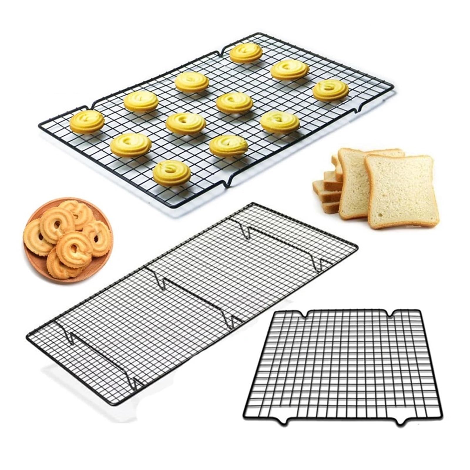 Kühlgitter aus Edelstahl Edelstahl-Drahtgitter, Kühltablett, Kuchen, Lebensmittelregal, Ofen, Küche, Backen, Pizza, Brot, Grill, Kekse, Halter, Regal(2pcs Black L)