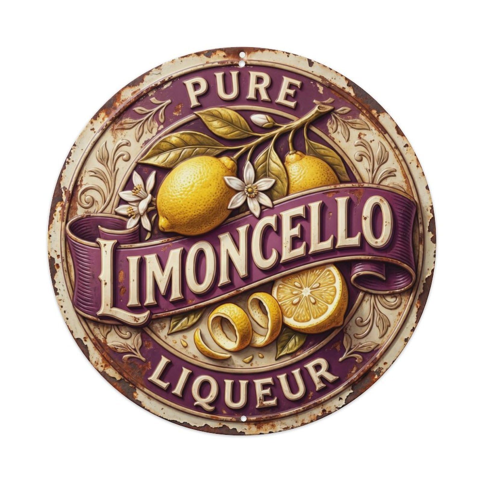 Fqcyn Style Pure Liqueur Badge Limoncello Metal Tin Sign Plaque Wall Decor For Cafe, Club Bar, Office, Home Garden Round Metal Poster 8X8inch