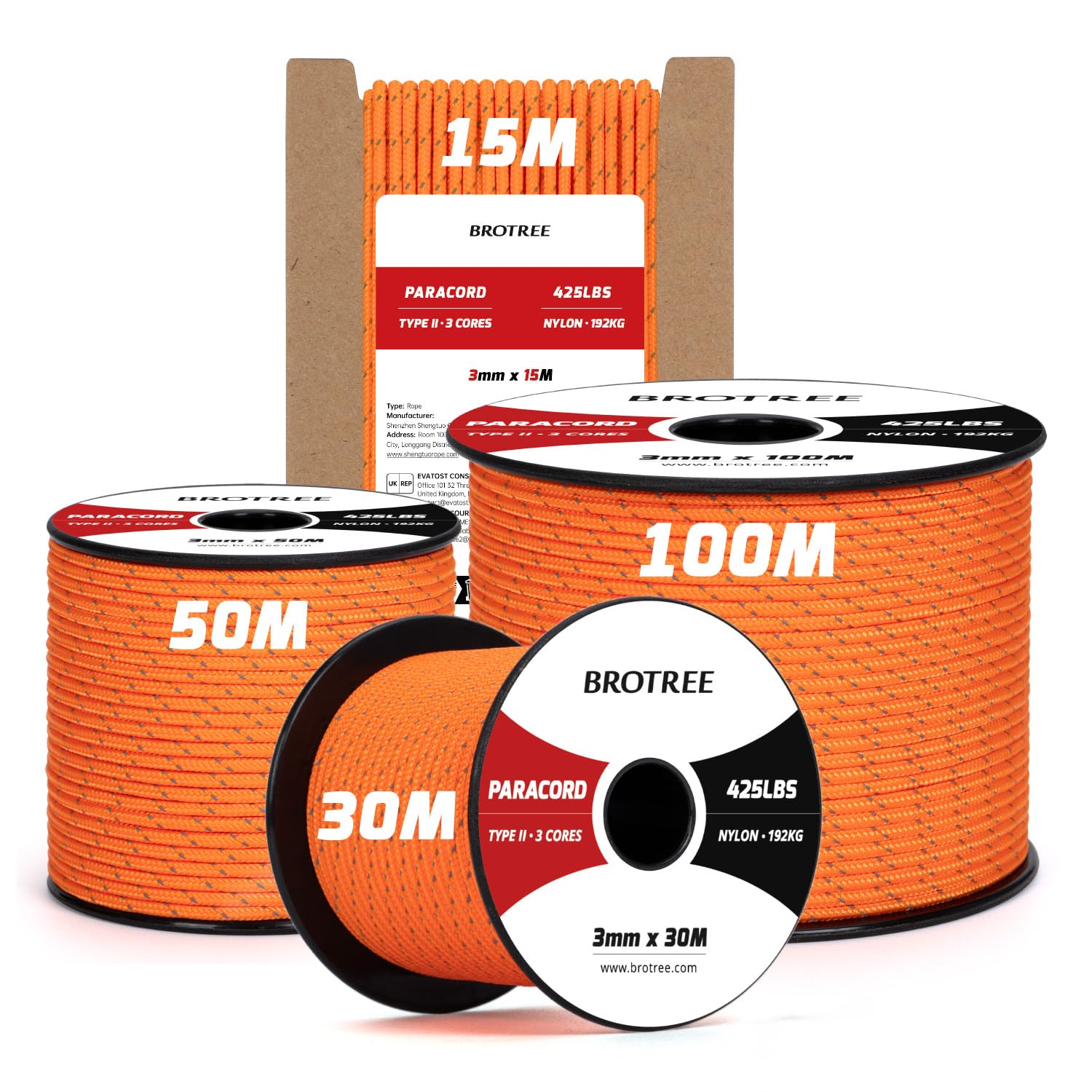 Brotree 3mm Paracord 425 100% Nylon 15M Rope 3 Strands Type II Parachute Cord for Outdoor, Craft, DIY - 192kg Breaking Load (Reflective Orange)