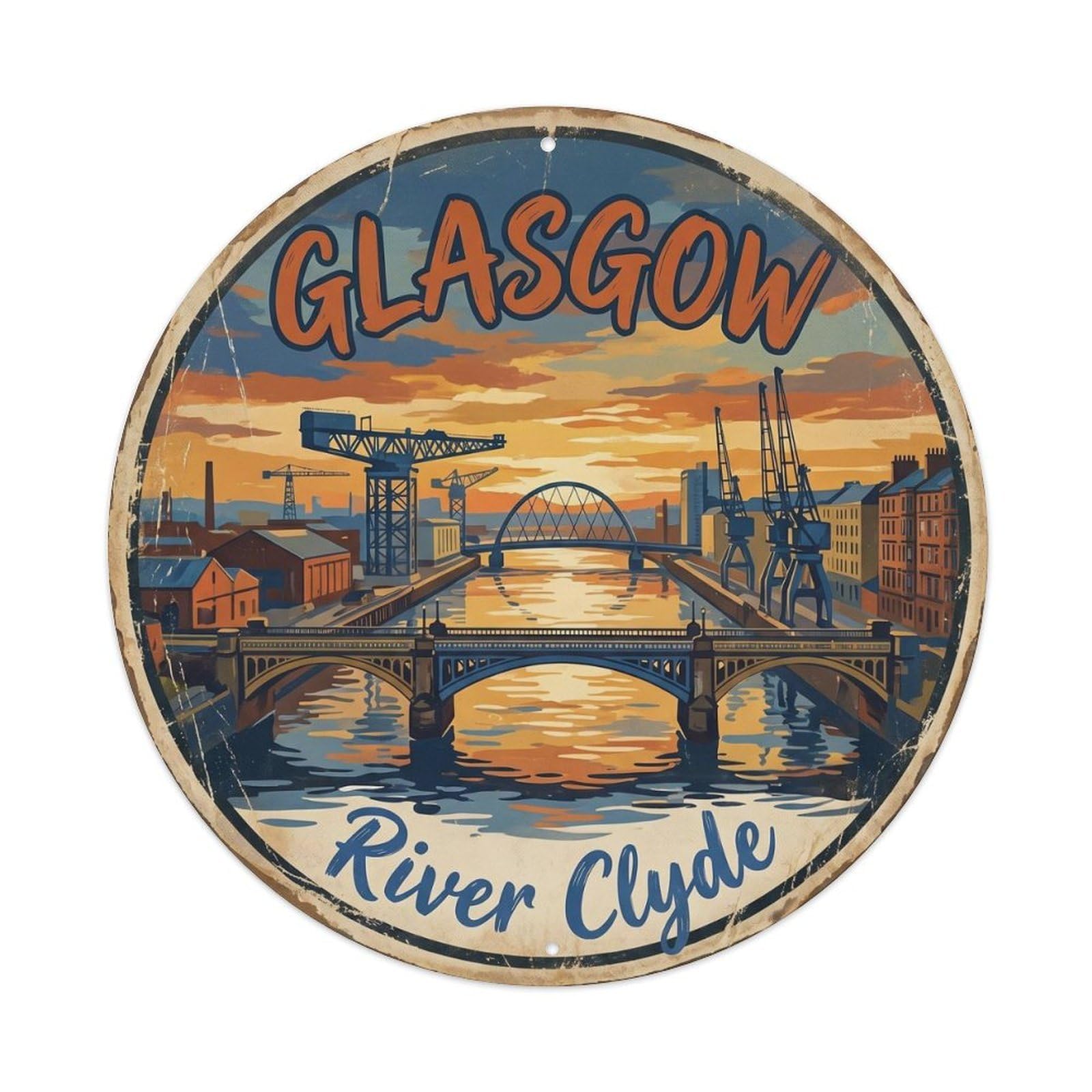 Glasgow Clyde River Travel Map Vintage Cityscape Cartography Metal Tin Sign Plaque Wall Decor for Cafe, Man Cave, Club Bar, Office, Home Garden Round Metal Poster 8x8Inch
