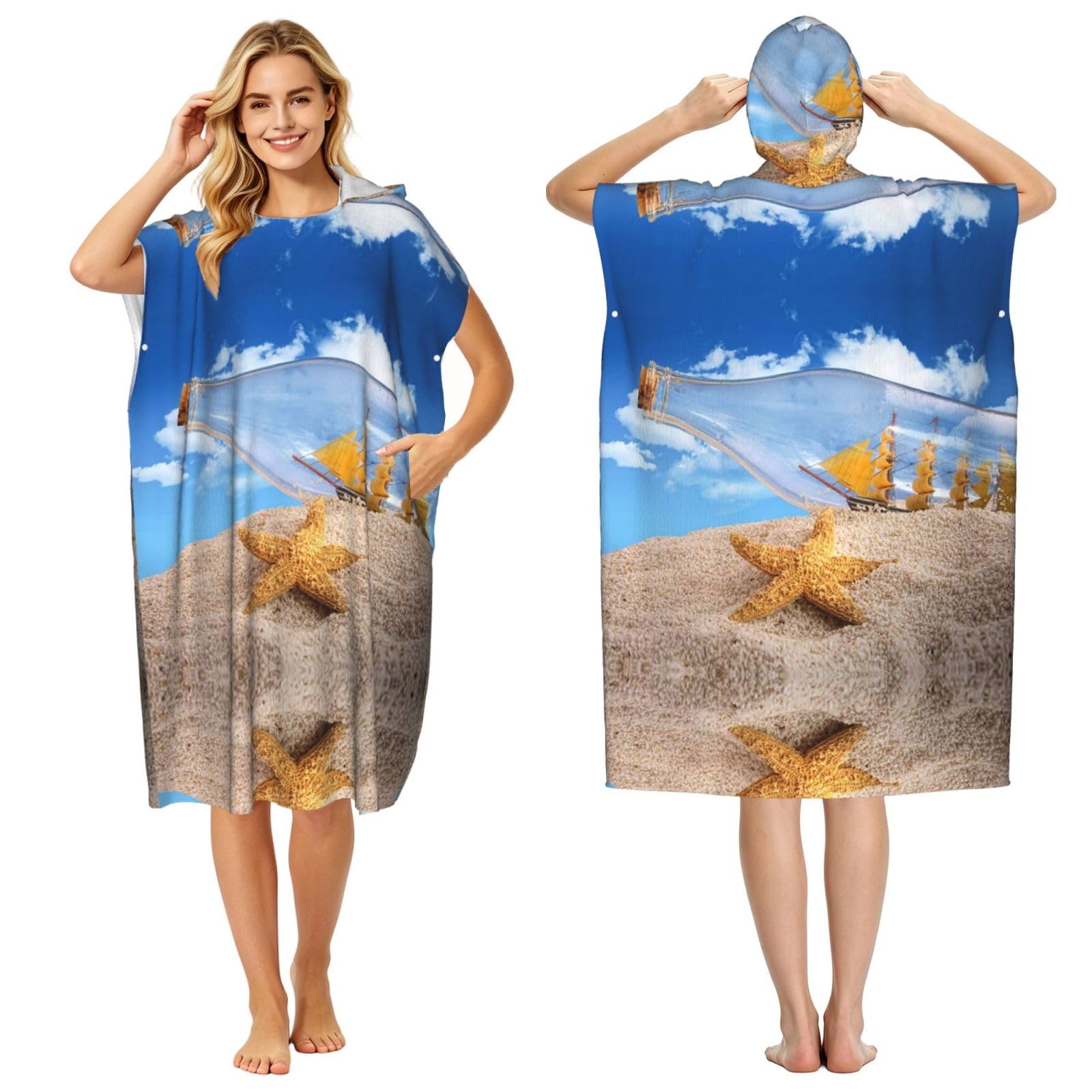 EZDLOWVBA Wishing Bottle Seascape Print Hooded Poncho Microfiber Beach Towel,Adult Women & Men Changing Robe,Lightweight Summer Surf Swim Bath Poncho Towel