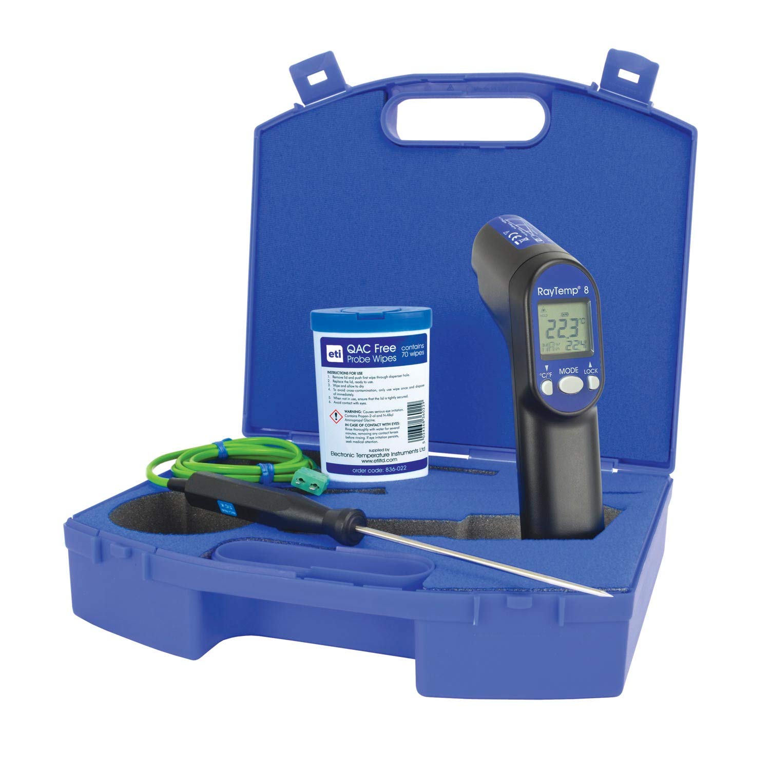 ETI infrared thermometer kit - RayTemp 8 infrared thermometer with carry case, type K penetration probe, probe wipes and battery