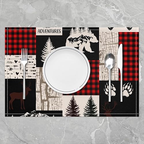 Miniatura 2 de Lodge - Juego de 4 manteles individuales de 12 x 18 pulgadas, diseño retro de rayas de madera con cuadrícula negra y roja, para niños, adolescentes,