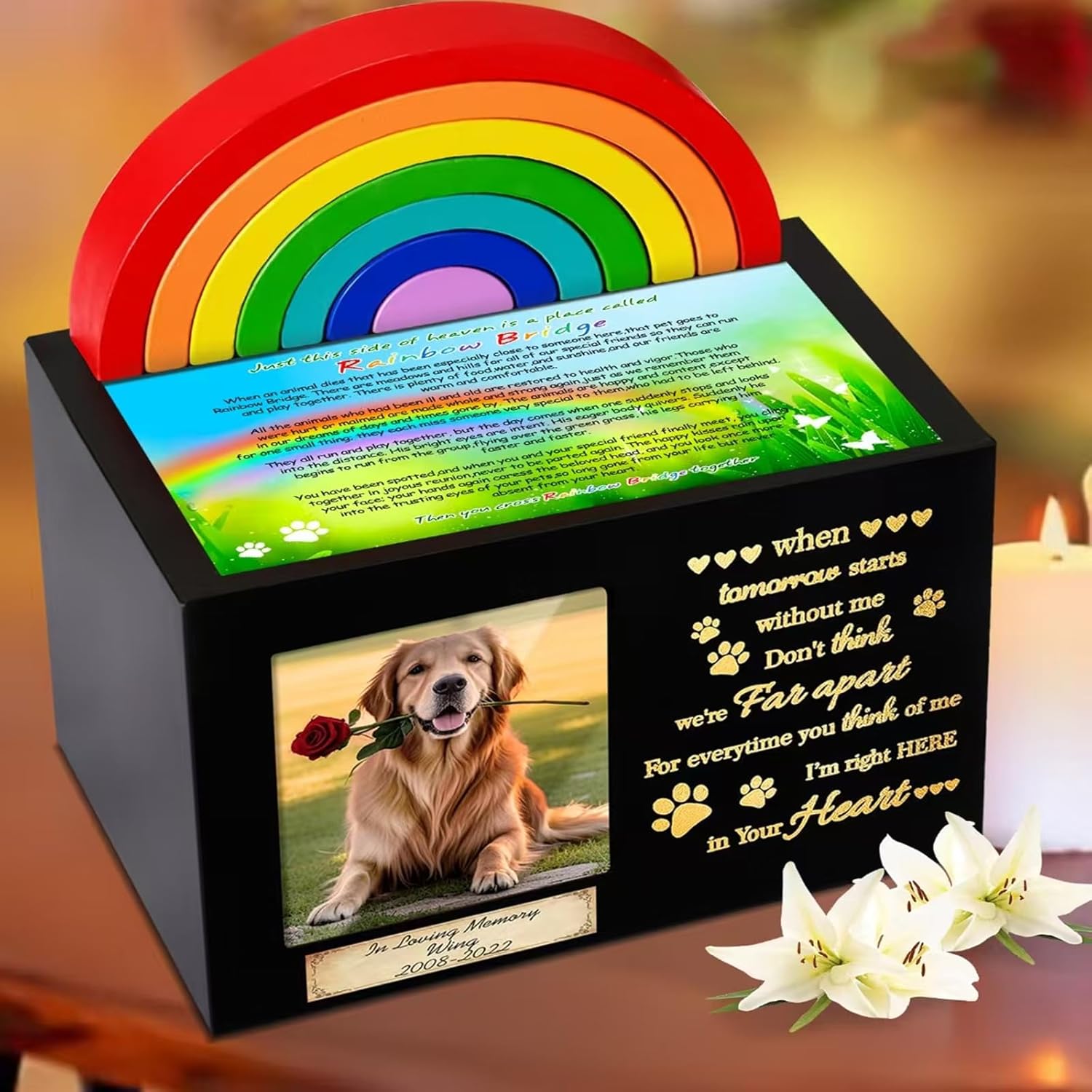 Wooden Rainbow Bridge Keepsakes Pet Urns, Handcrafted Dog/Cat Pet Urn, A Memorial Solemn Set, Pet Ashes Box with Photo Frame, Poem, Personalized Name Tag, ,Flannel Bag ,Pet Sympathy Remembrance Gift