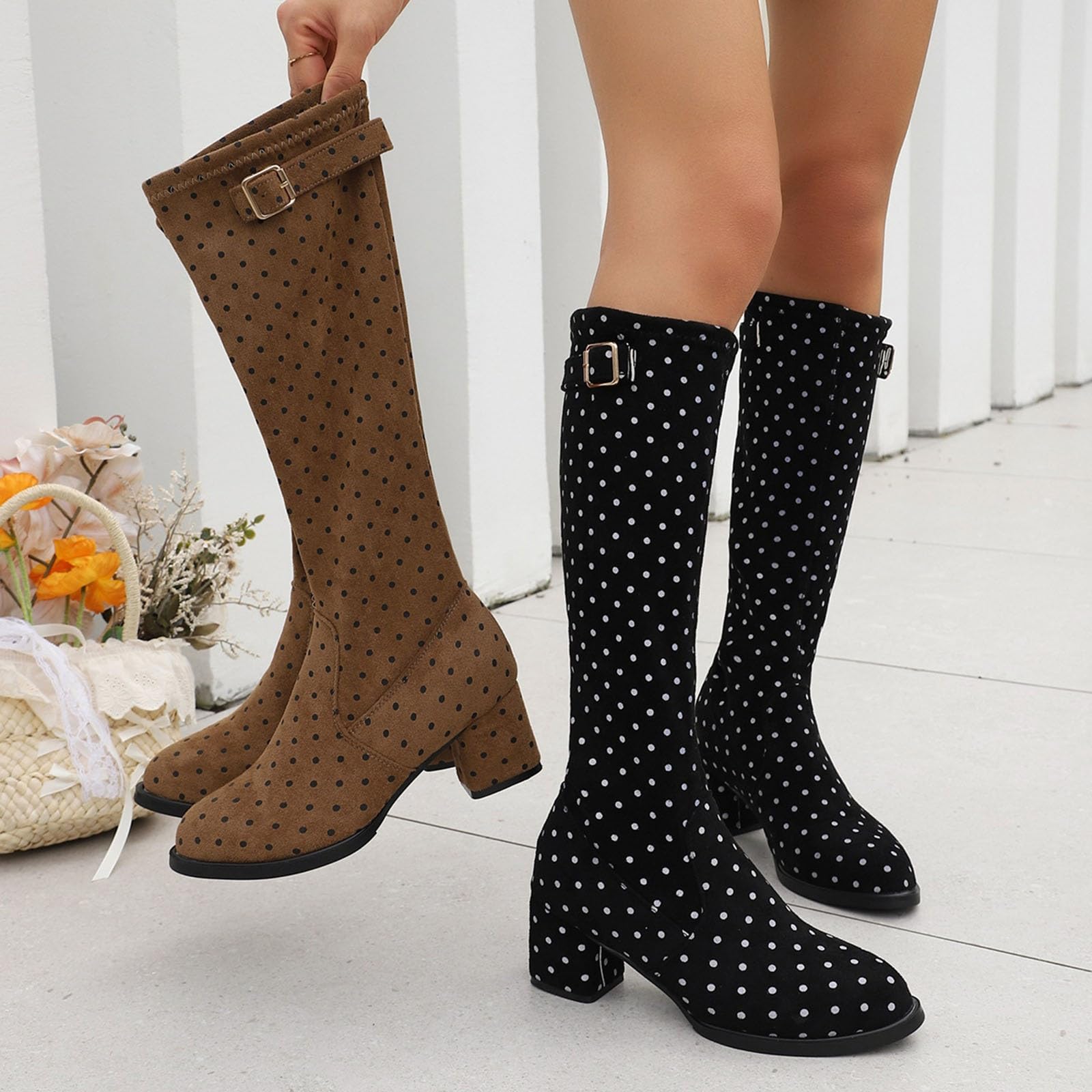 Eleganti Stivali Al Ginocchio Con Stampa A Pois Boots Chelsea Da Donna