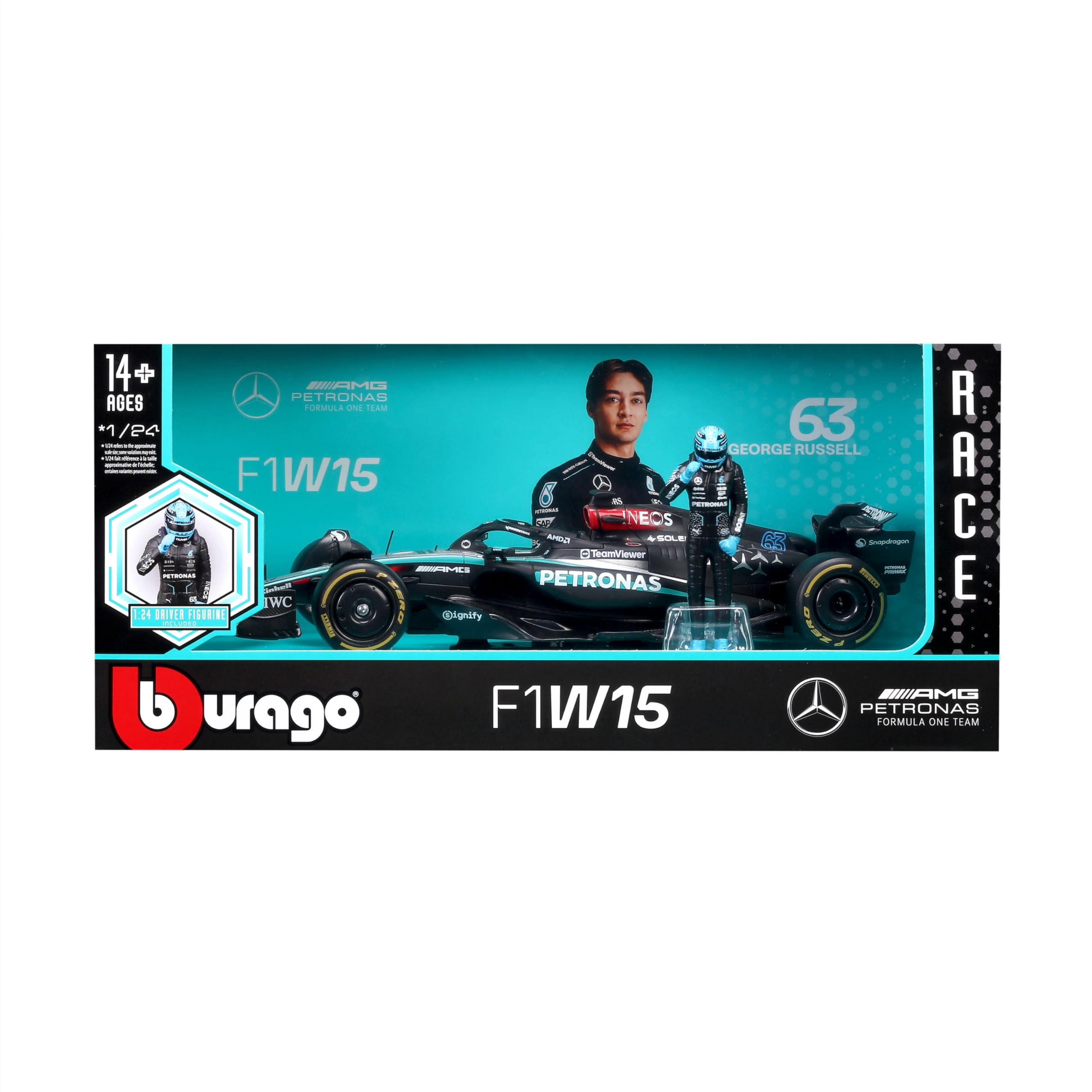 Bburago – Mercedes W15 Russell, Modelo de Coche a Escala 1:24, Figura del | Modelo F1 Mercedes W15 #63 Russell a escala 1:24 con figura, réplica detallada con licencia Mercedes, a partir de 14 años