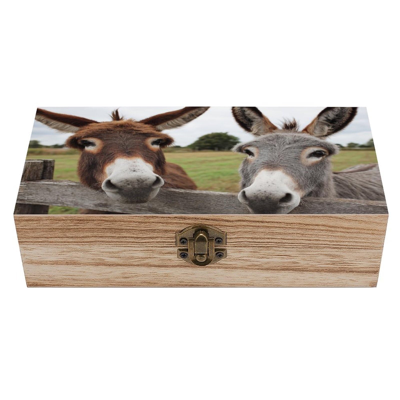 asbwuo Two Donkeys Wooden Storage Box with Hinged Lid