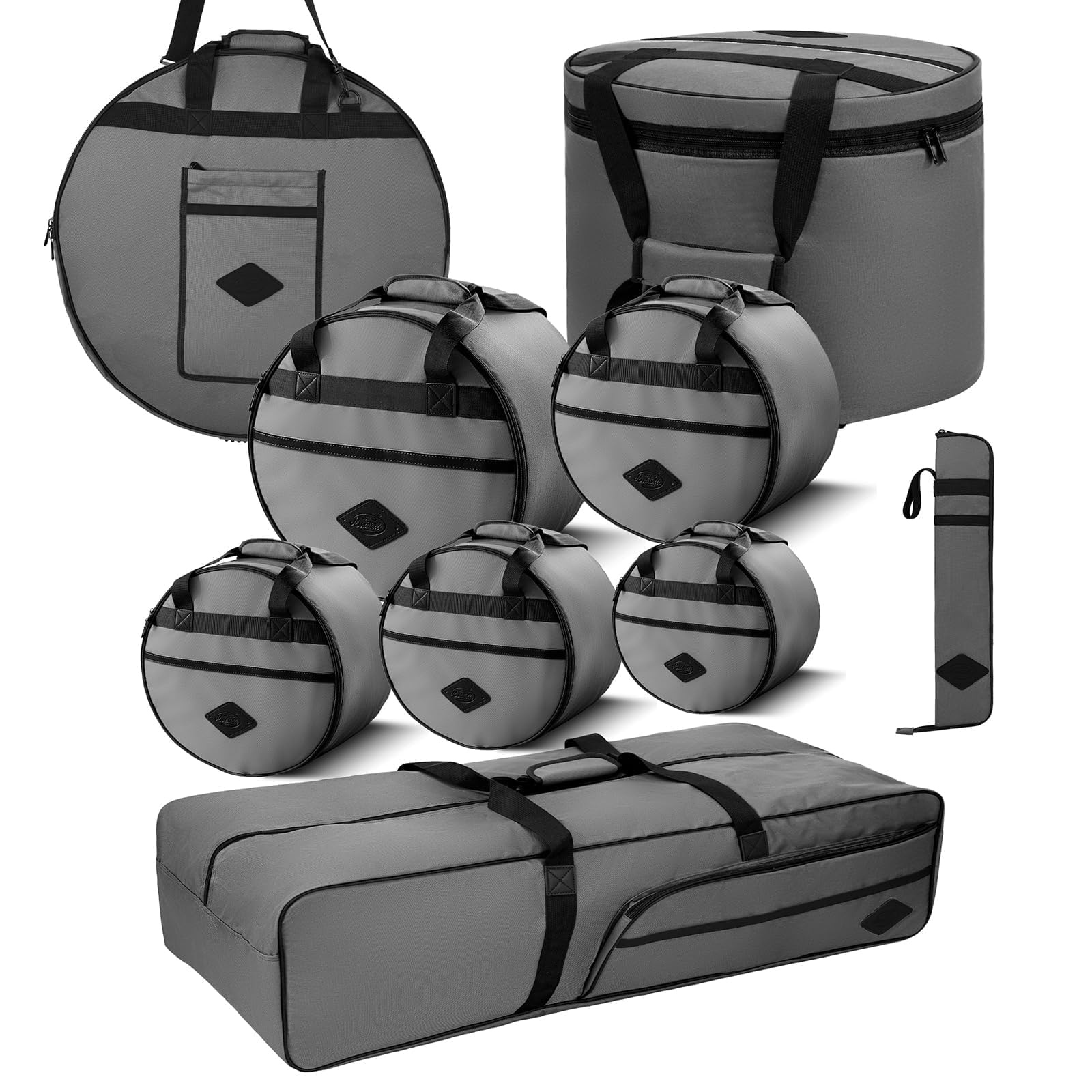 9-Piece Professional Drum Bag Set, Vintage Slub Cotton Padded Drum Case for 10/12/13" Toms, 14" Snare, 16" Floor Tom, 22x18" Bass Drum, Includes 24" Cymbal Bag, Hardware & Stick Bags(Grey)