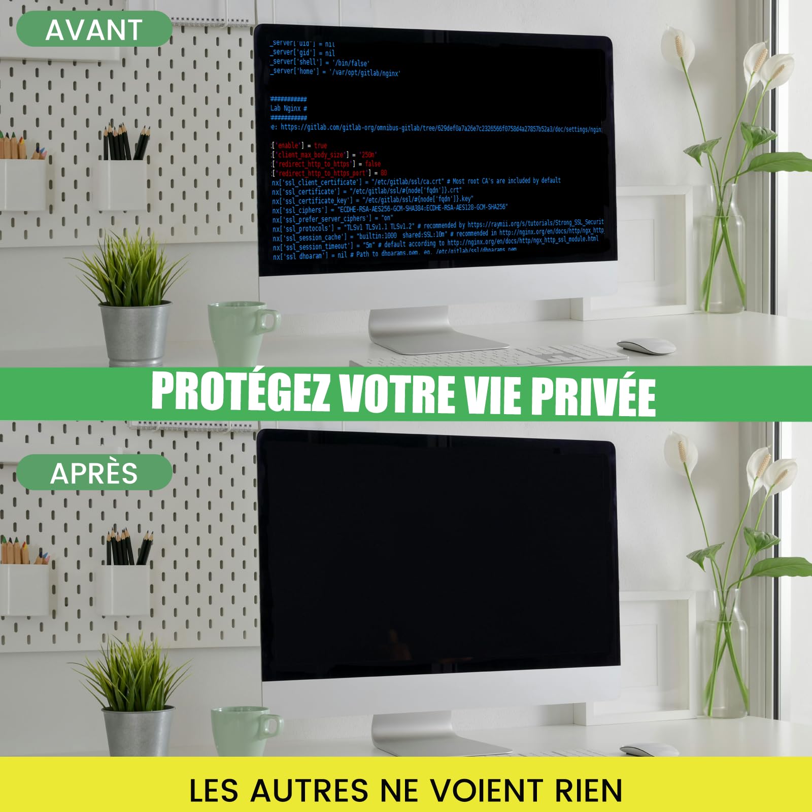Filtre de Confidentialité 24 Pouces pour écran d'ordinateur – Protection anti-lumière bleue et anti-éblouissement – Moniteur 16:9 (53,1 x 29,9 cm)