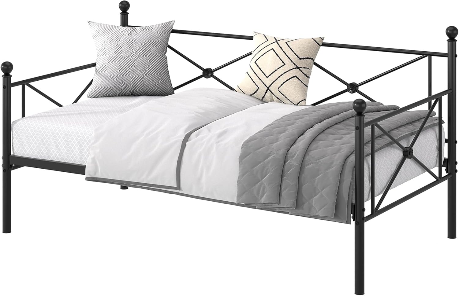 VECELO Daybed Twin Size, Day Bed Frame with Headboard, Heavy-Duty Metal Slats Support Platform for Living Room, Guest Room, Easy Assembly, Black