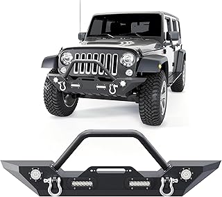 ECOTRIC Front Bumper 2007-2022 Jeep Wrangler JK/JKU JL/JLU Gladiator JT Front Bumper Rock Crawler Winch Plate with Winch Plate 18W LED Light D-Ring 2pcs