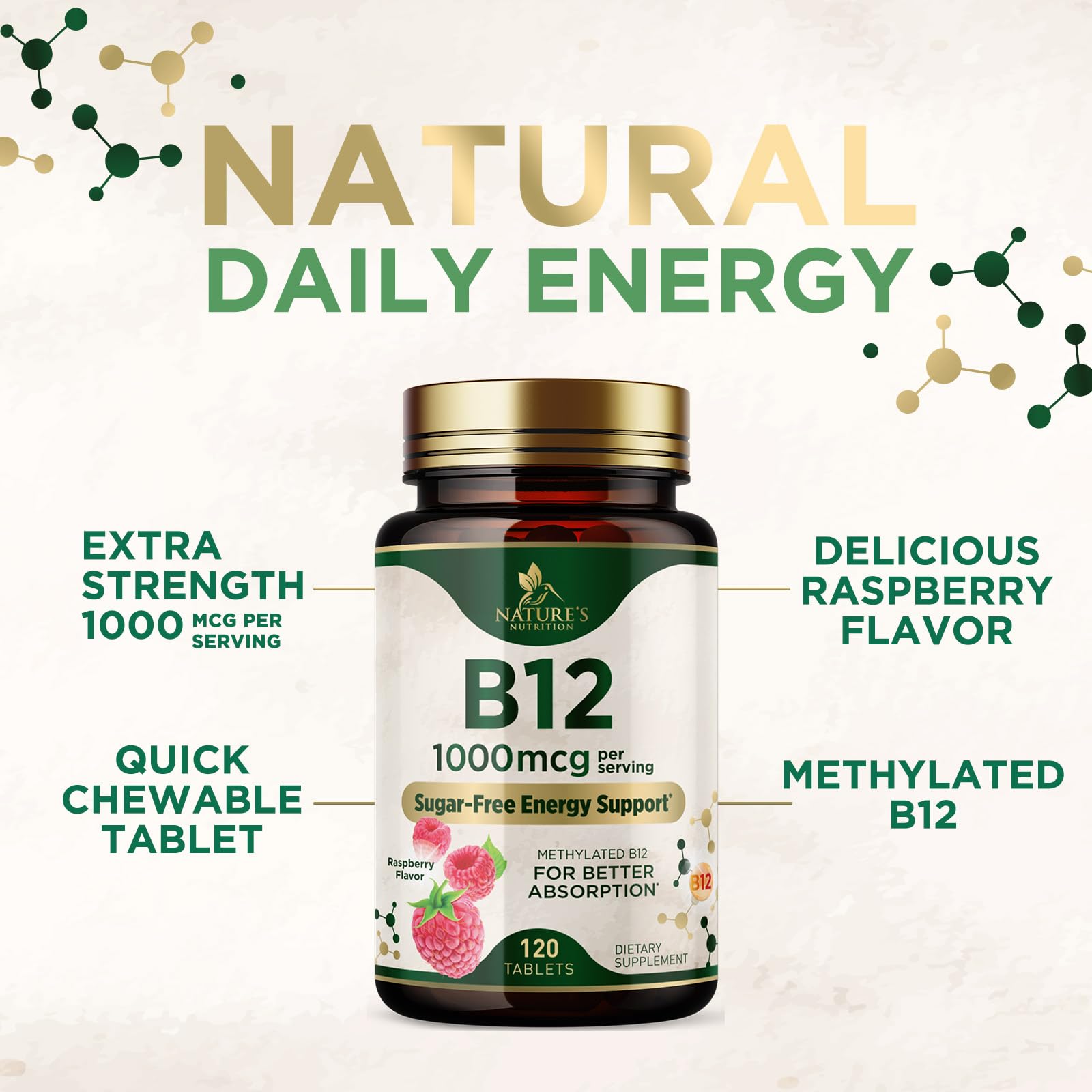 Vitamin B12 1000 mcg - Maximum Strength Methylcobalamin B-12 Chewable Tablet - Energy, Nervous System & Brain Support - Fast Dissolve, Natural Berry Flavor - Women & Men - Bottled in USA - 120 Tablets — Amazon image 6