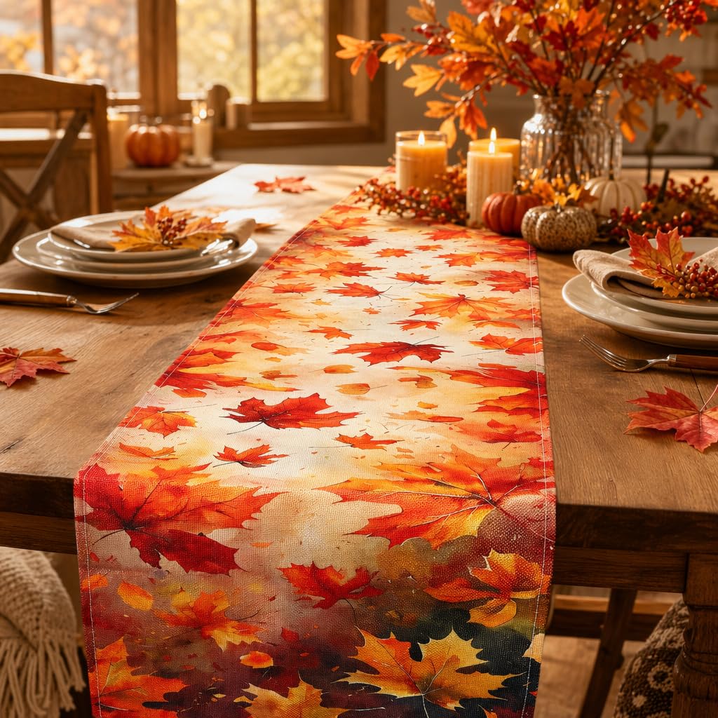 Autumn Table Runner, 183*33cm Leaf Autumn Table Cloth for Dining Room Party