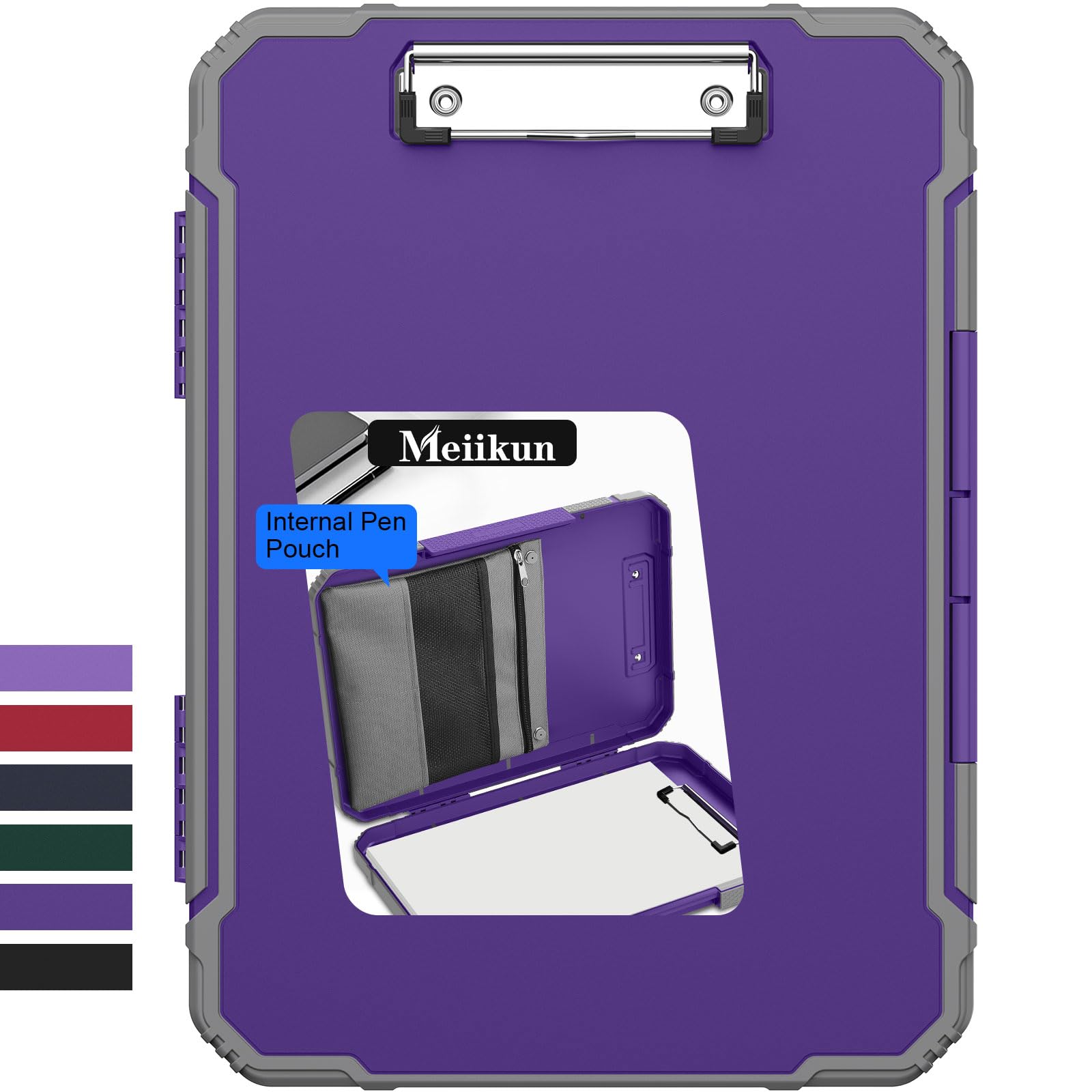 Meiikun Clipboard with Storage, Rugged Shockproof Protective, Internal Pen Pouch & Metal Clip, Heavy Duty Plastic Clip Boards 8.5x11, High Capacity Contractor Folder for School Office (Purple)