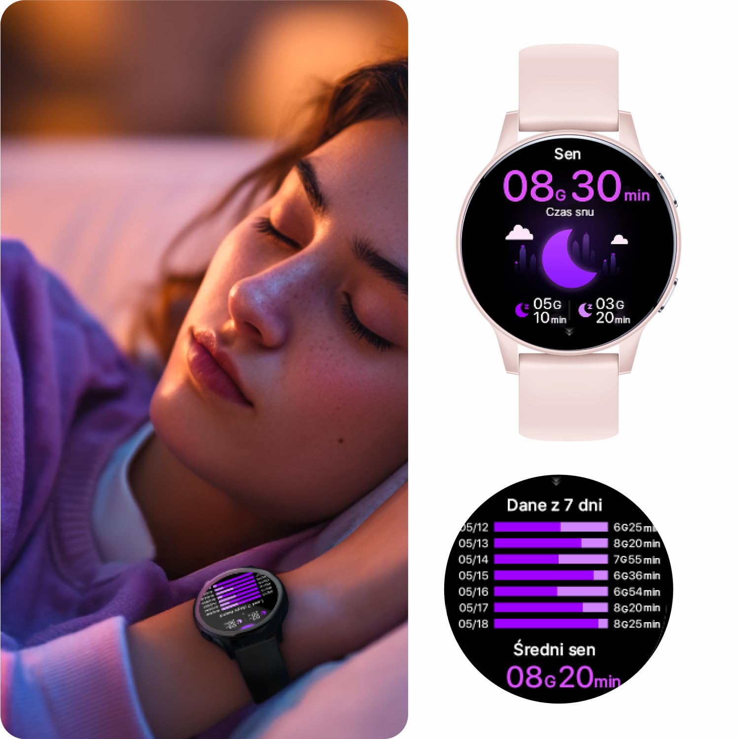 Forever Reloj inteligente IGO Watch 4 para mujer - AMOLED táctil, reloj redondo, monitor de sueño, deportes, fitness, alertas SMS, Bluetooth, resistente al agua IP67, blanco/rosa, 2 rayas, reloj