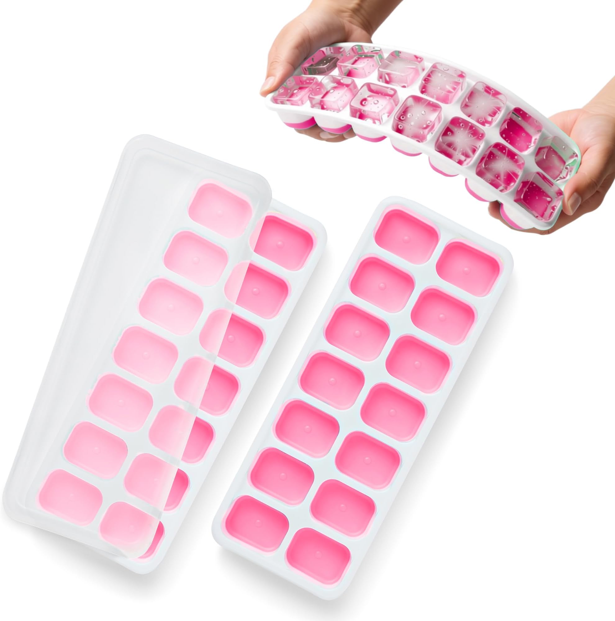 2pk Silicone Ice Cube Trays with Non-Spill Lids, Easy to Remove Tray, LFGB Certified BPA Free, Flexible Silicone Ice Cube Moulds, Parties, Drinks, Cocktails & Frozen Liquids (Pink)