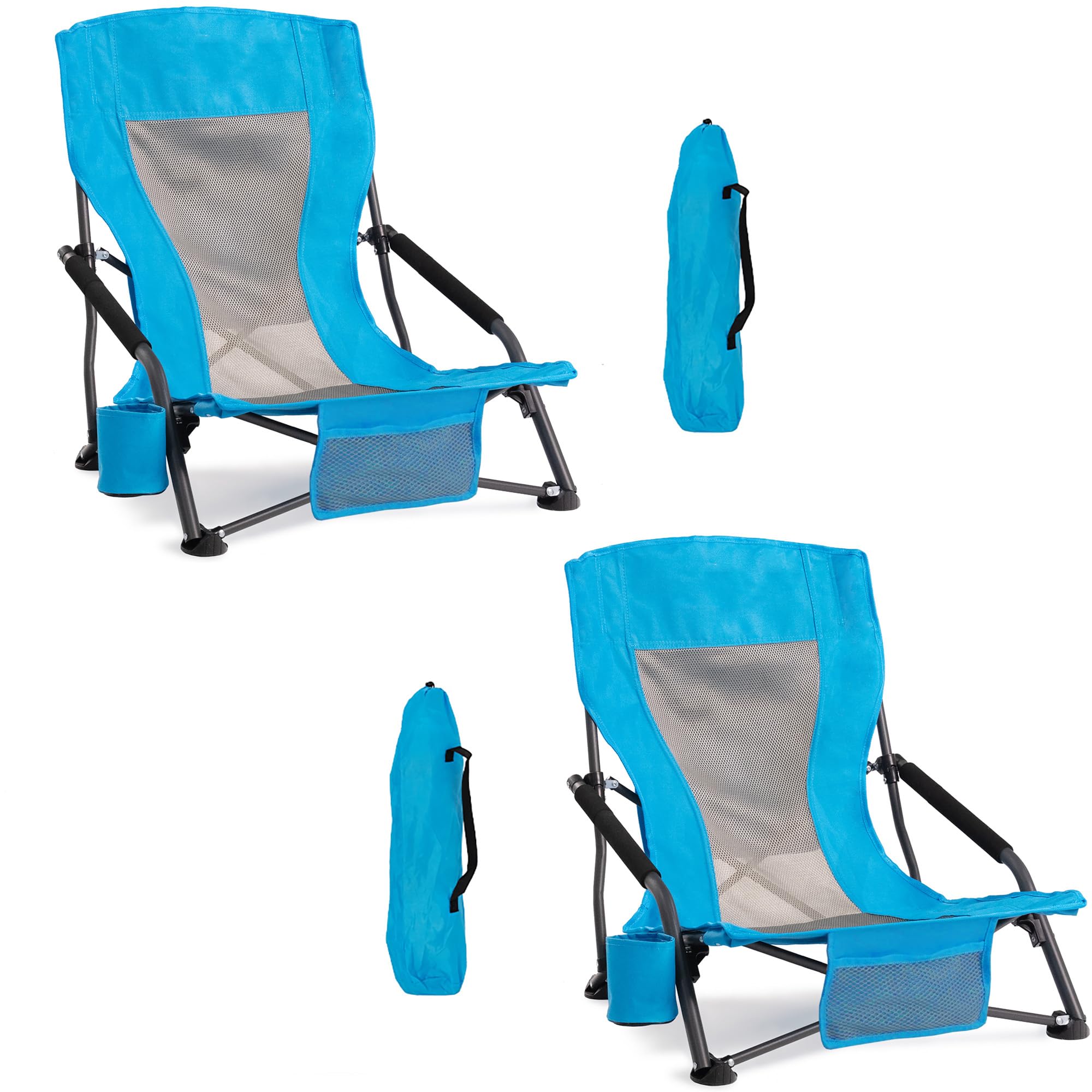 portable folding beach chair for adults set of 2- lightweight low back sling chair with cup holder & storage pocket, 300lbs capacity camping chair for outdoor, lawn, concert, travel (blue)