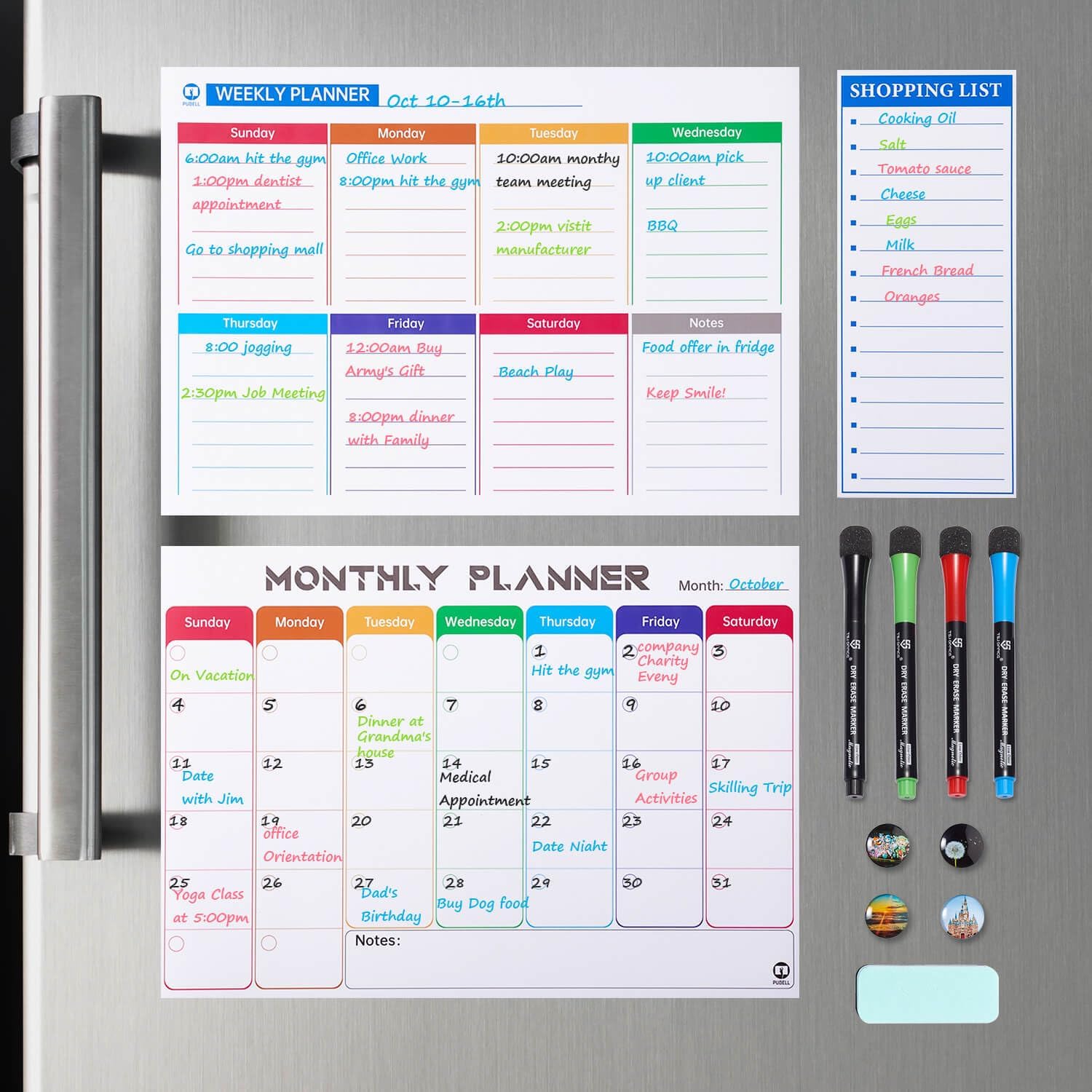 Pubell Magnetic Fridge Calendar Whiteboard Set (3-Pack) with Monthly, Weekly, and Shopping List, Come with 4 Markers and 4 Small Magnet and 1 Eraser