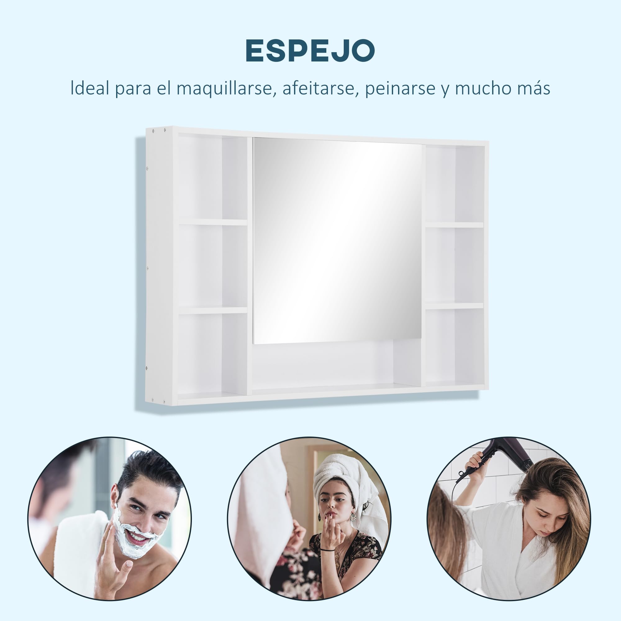 kleankin Armario de Baño con Espejo Armario de Pared 100x15x70 cm Blanco | Mueble de Baño Colgar, con Puerta, Estantes Abiertos