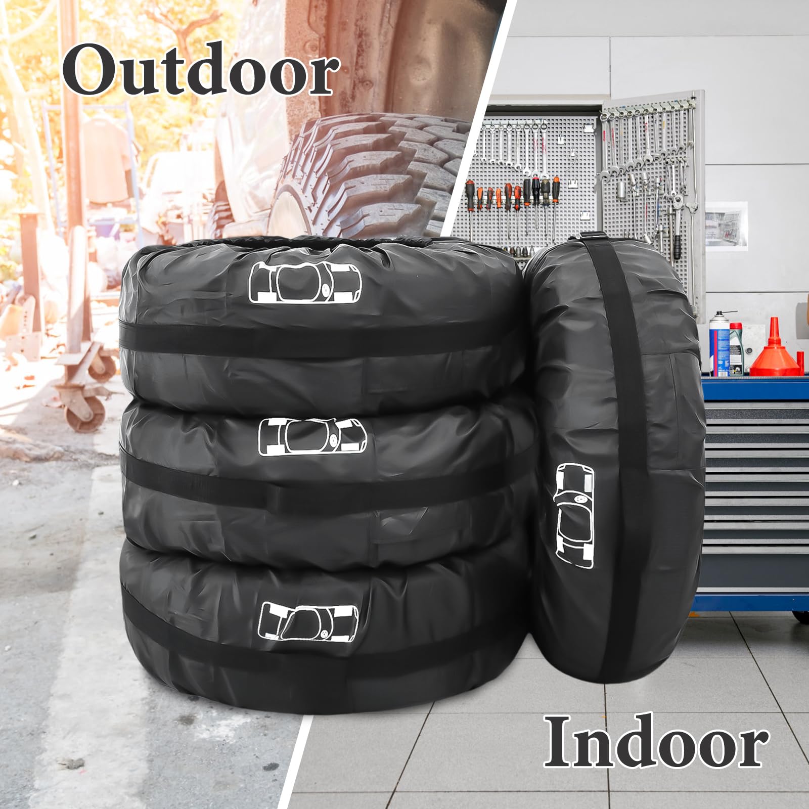 Adiwo Bandentassenset 19-23 Inch, 4 Stuks Waterdichte Stofdicht Bandenzak, Robuuste 210D Oxford Wielbandafdekking met Draaggreep, Bandenopslag, Schoon Transport en Veilige Opslag (Doorsnede 80cm