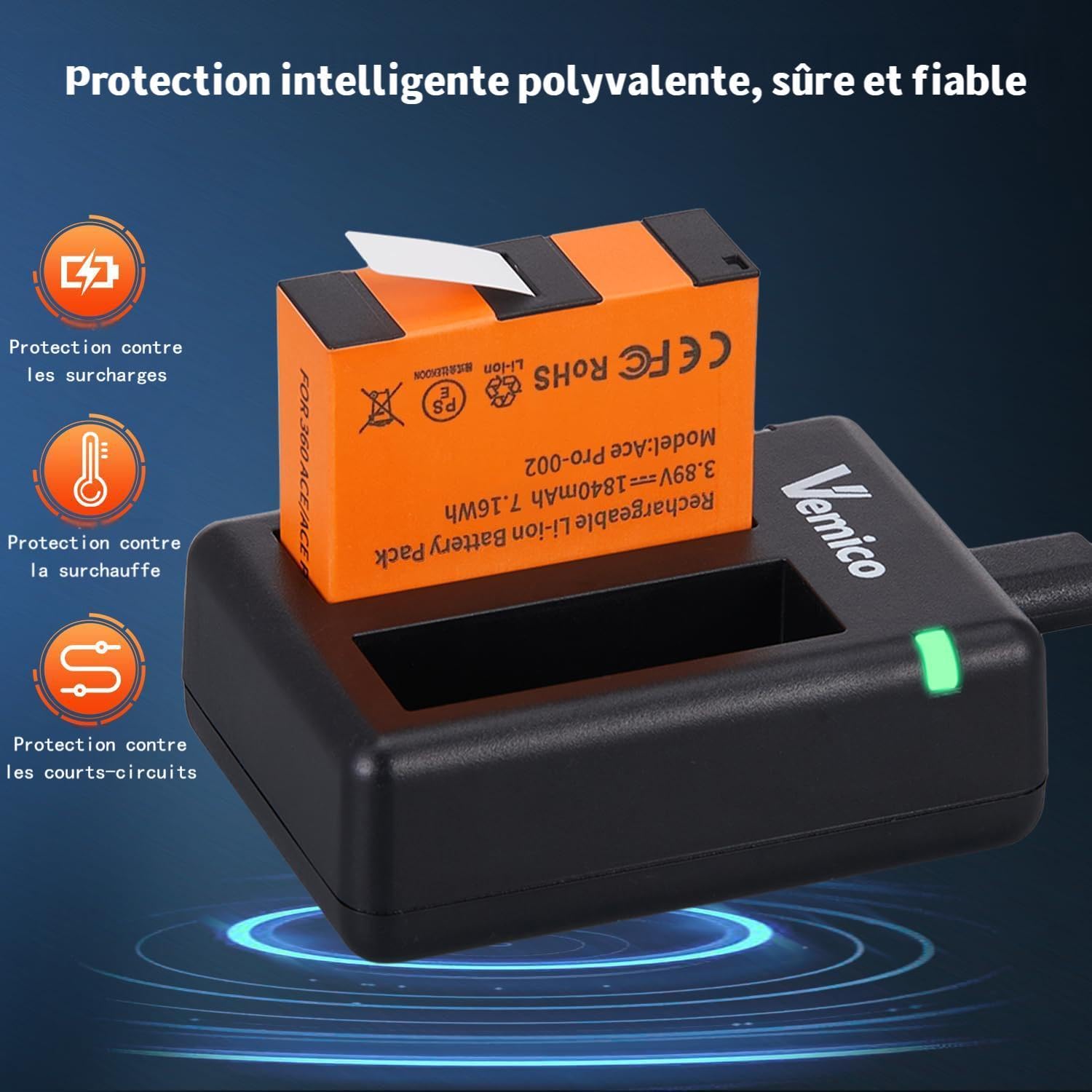 Vemico 360 Ace Pro 2 Chargeur de Batterie Kit 2 Batteries de Rechange 1840 mAh Chargeur LED Double Canal de Type C avec Interface de Chargement Micro USB pour caméra 360 Ace Pro 2/360 Ace/360 Ace Pro