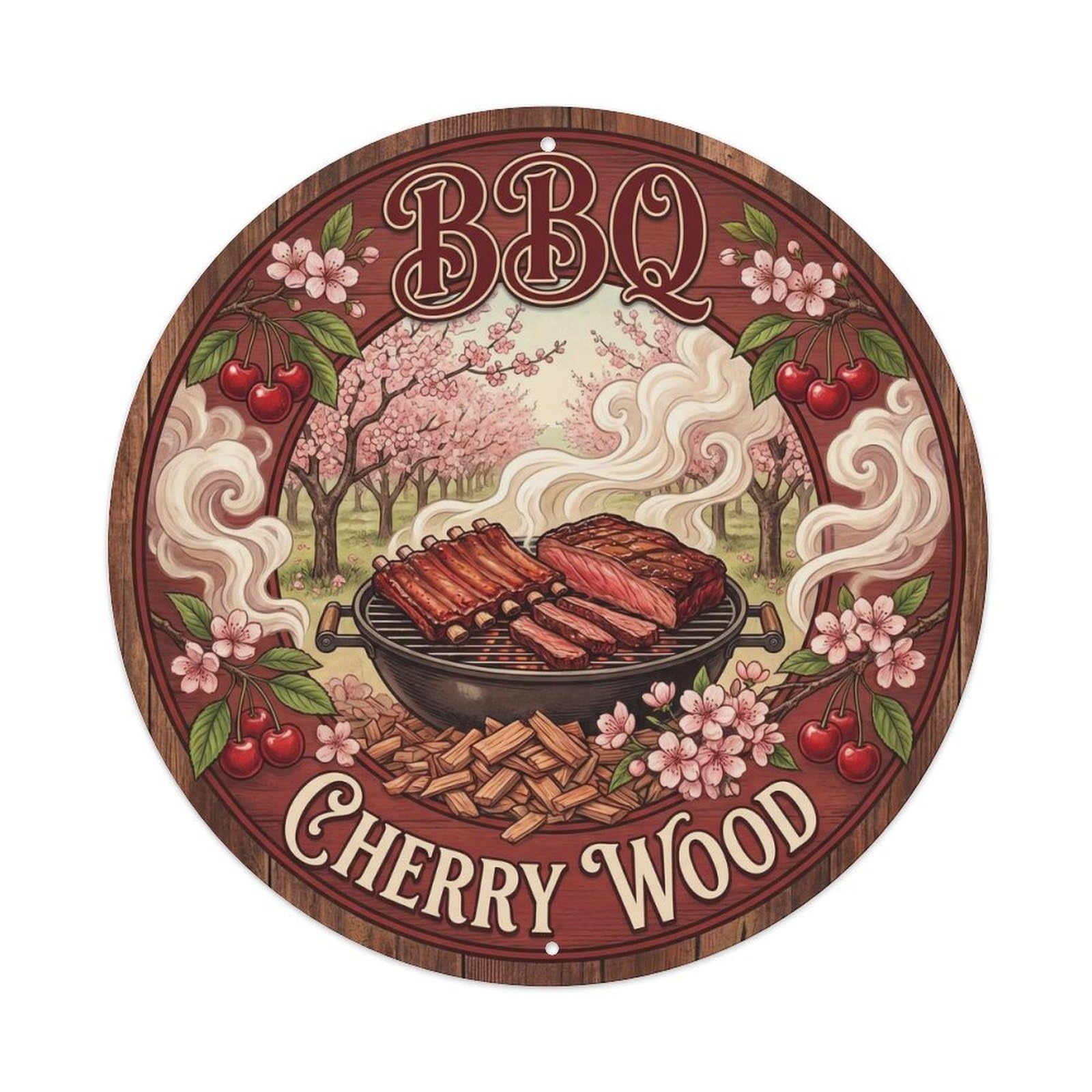 BBQ Barbecue Cherry Wood Vintage Metal Tin Sign Plaque Wall Decor for Cafe, Club, Garden Round Metal Poster 8x8Inch