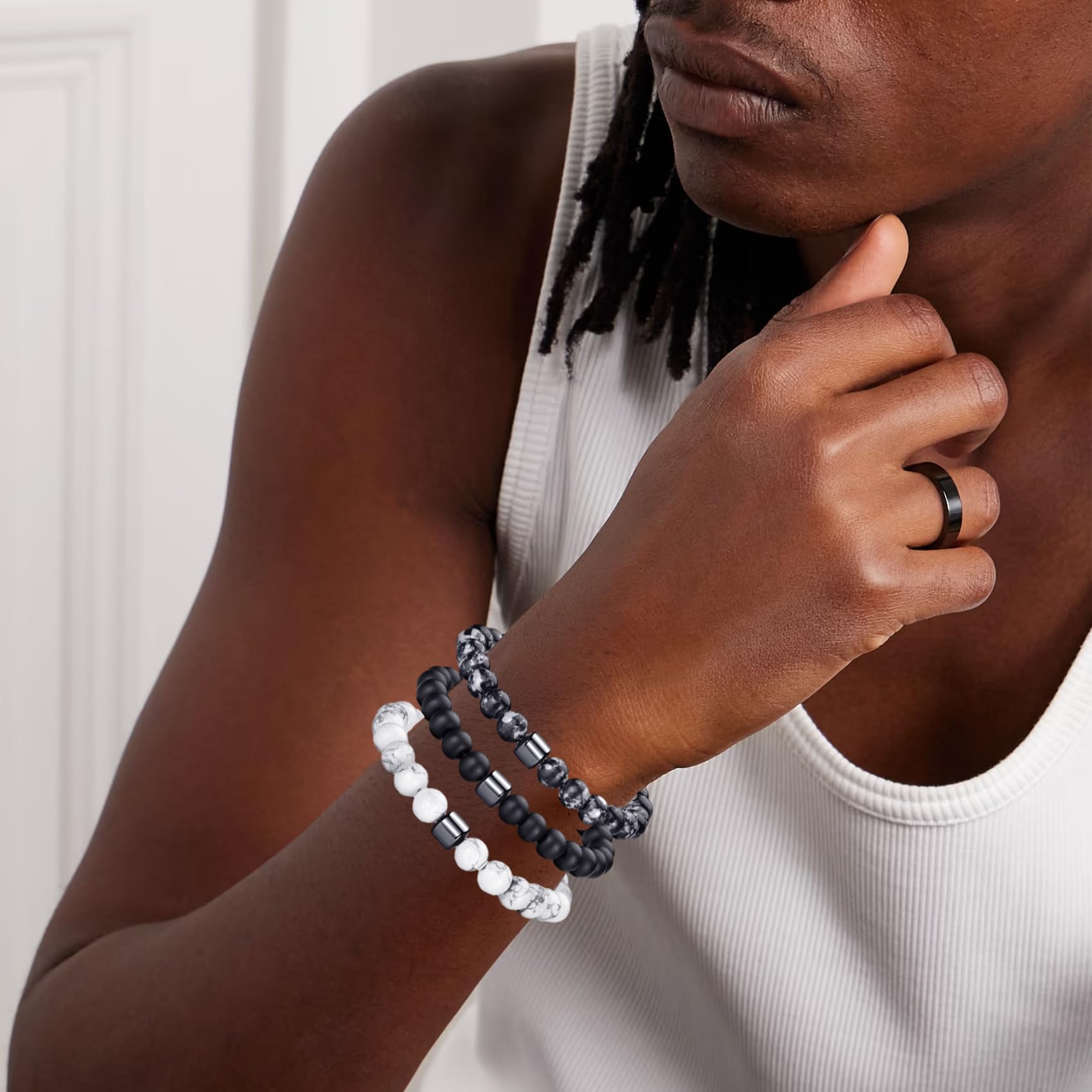 Bracciale Occhio di Tigre per Uomo 8MM Bracciale con Perline in Pietra Naturale Set Braccialetti Elasticizzati in Pietra Lavica Bracciale Regolabile con Perline di Cristallo Nero per Uomo Donna Regali